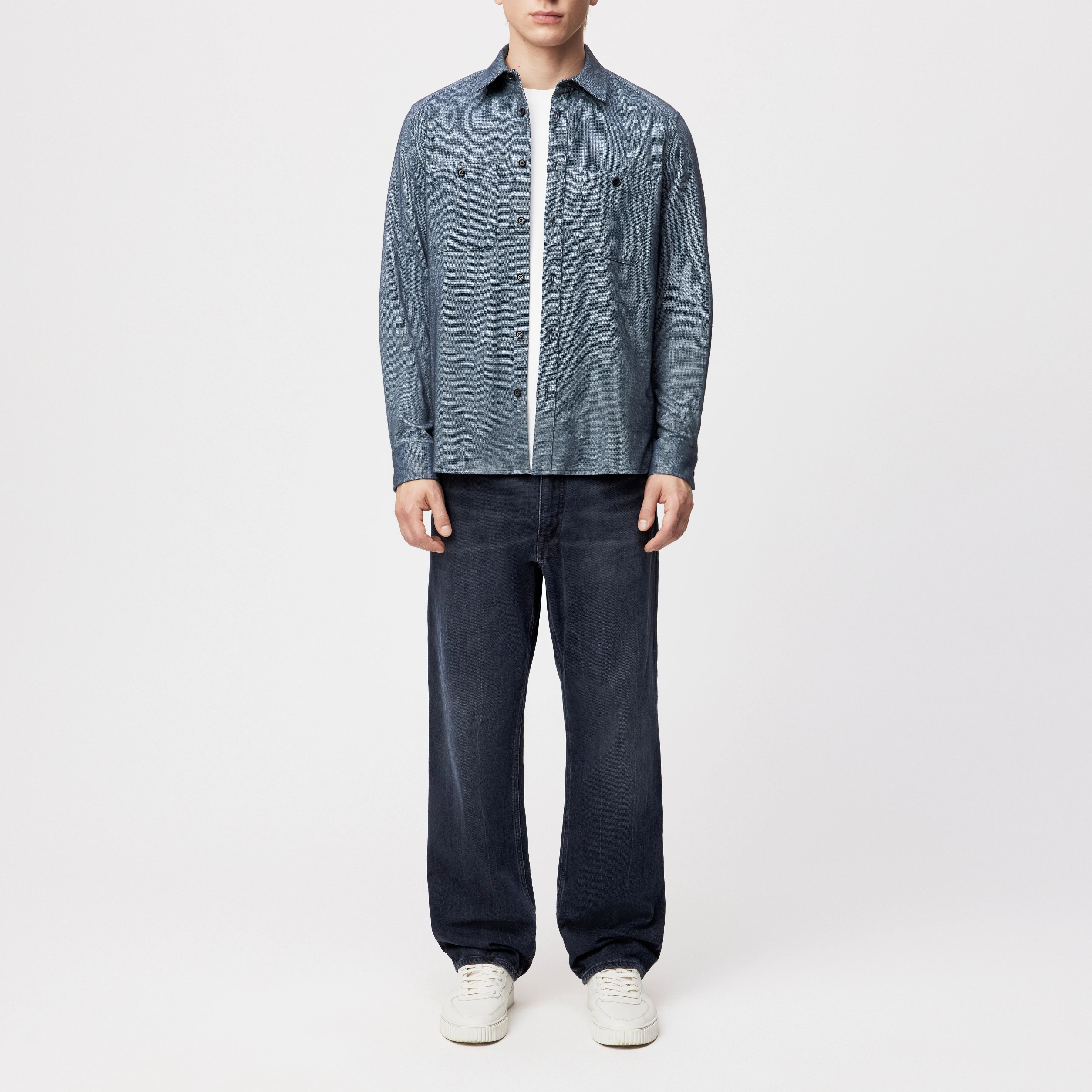 NOWEN_D - Work Wear Inspired Shirt in angerautem Flanell - Herren - blau - Ganzkörper-Frontansicht