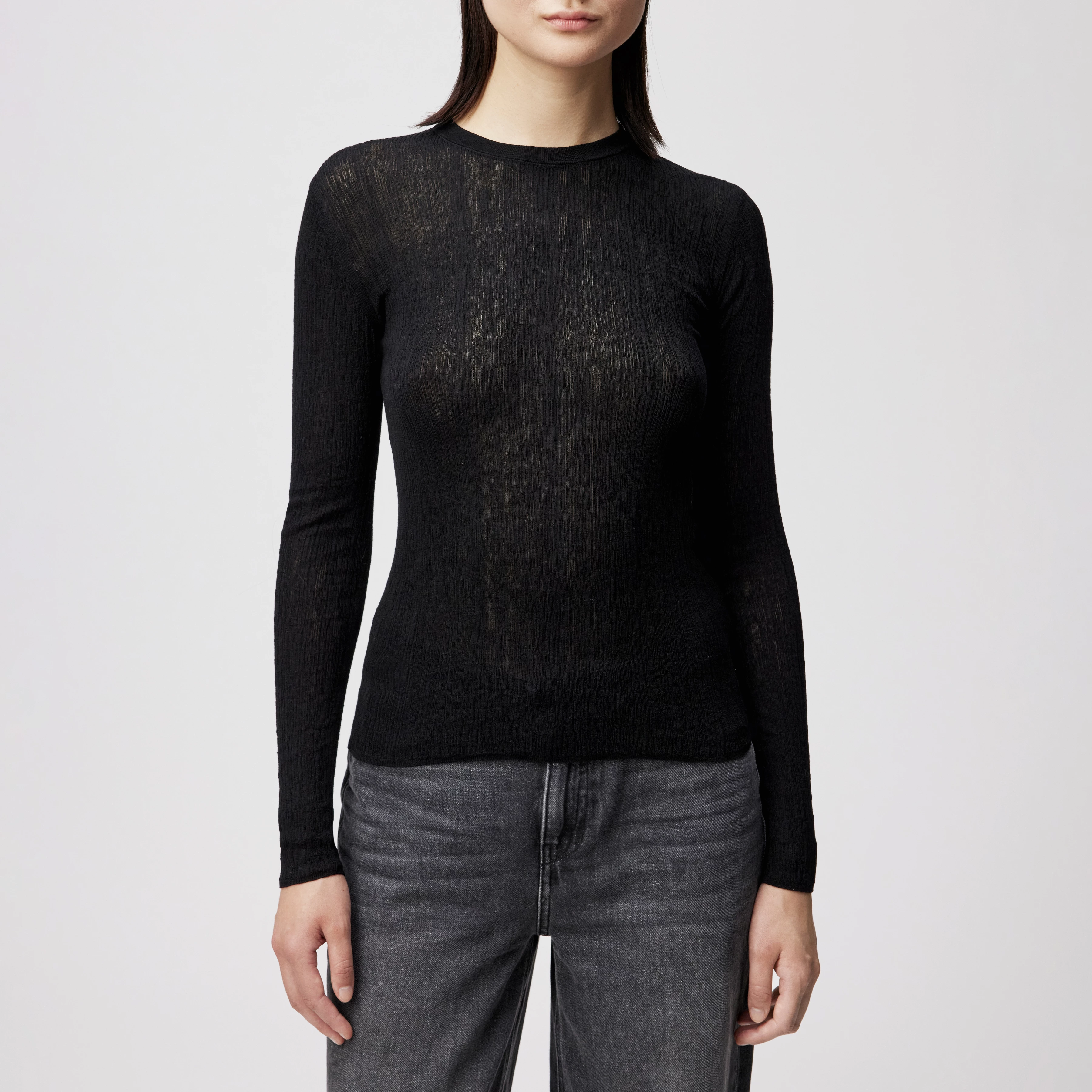 ERMA - Long-sleeved jumper with round neck in mercerised cotton - women - Natural Aluminium - Frontansicht