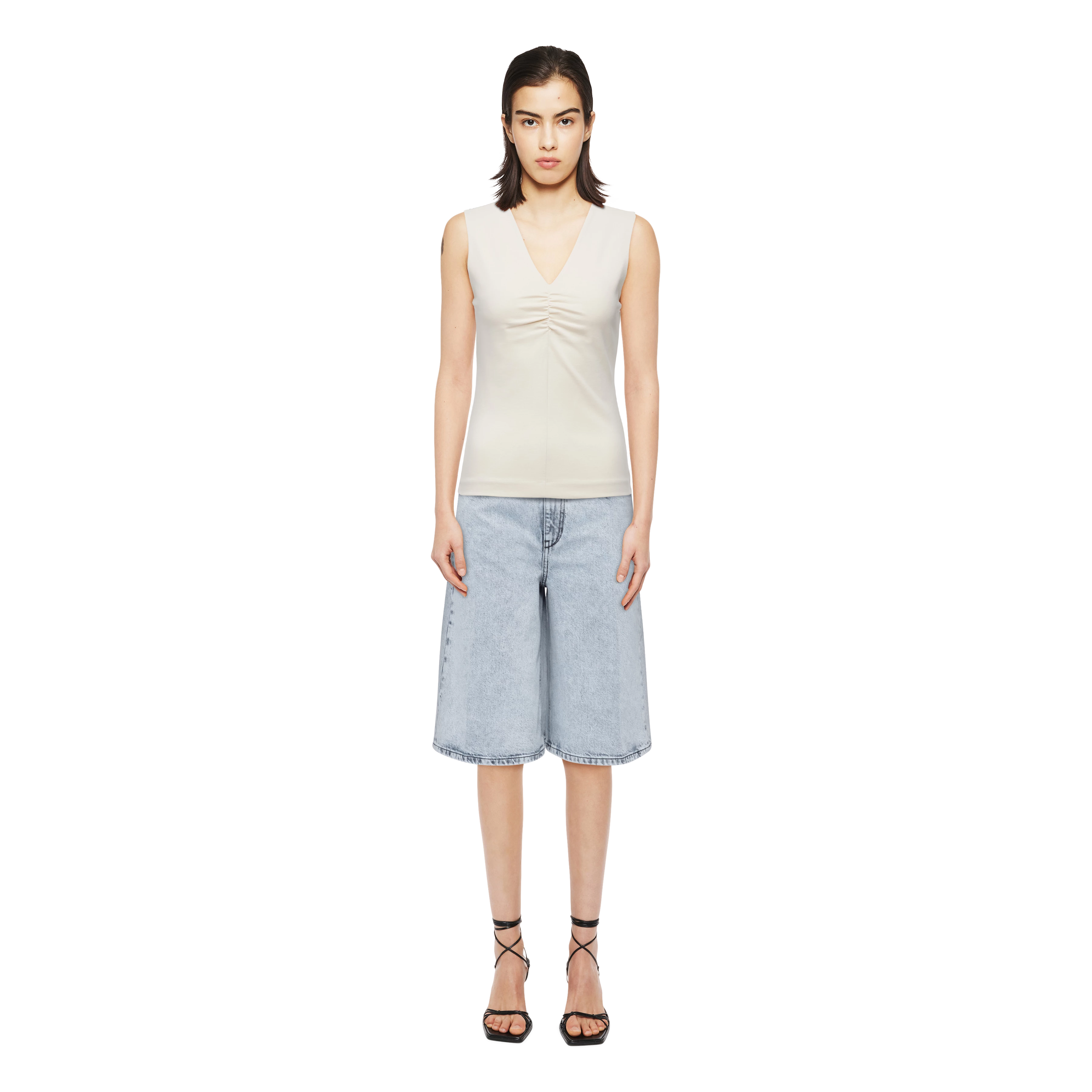 MERIAM - Jersey Top mit Raffung in Lyocell-Mix - Damen - beige - Ganzkörper-Frontansicht