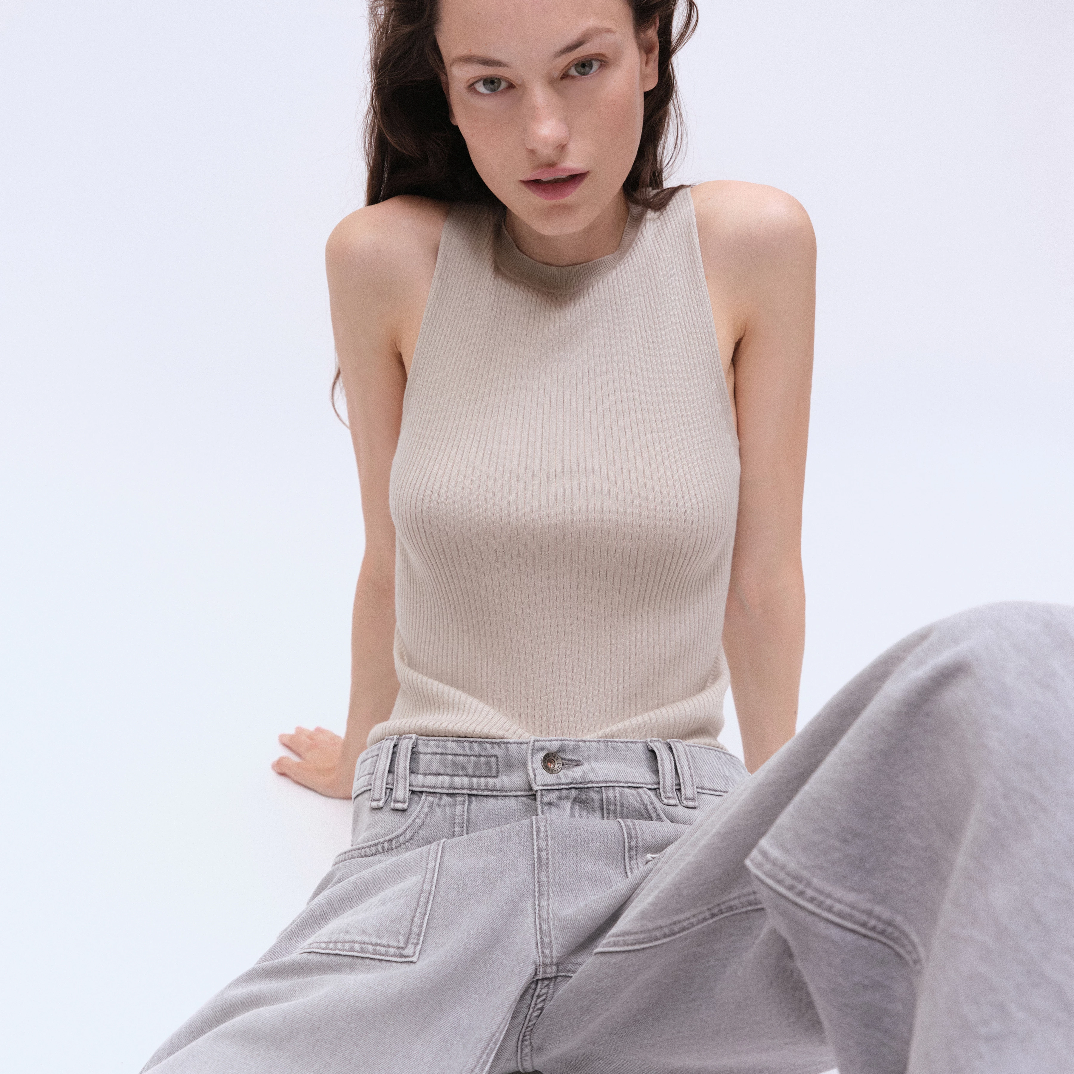 PHIA - Strick-Tanktop mit Rundhals in fließendem Wollmix - Damen - beige