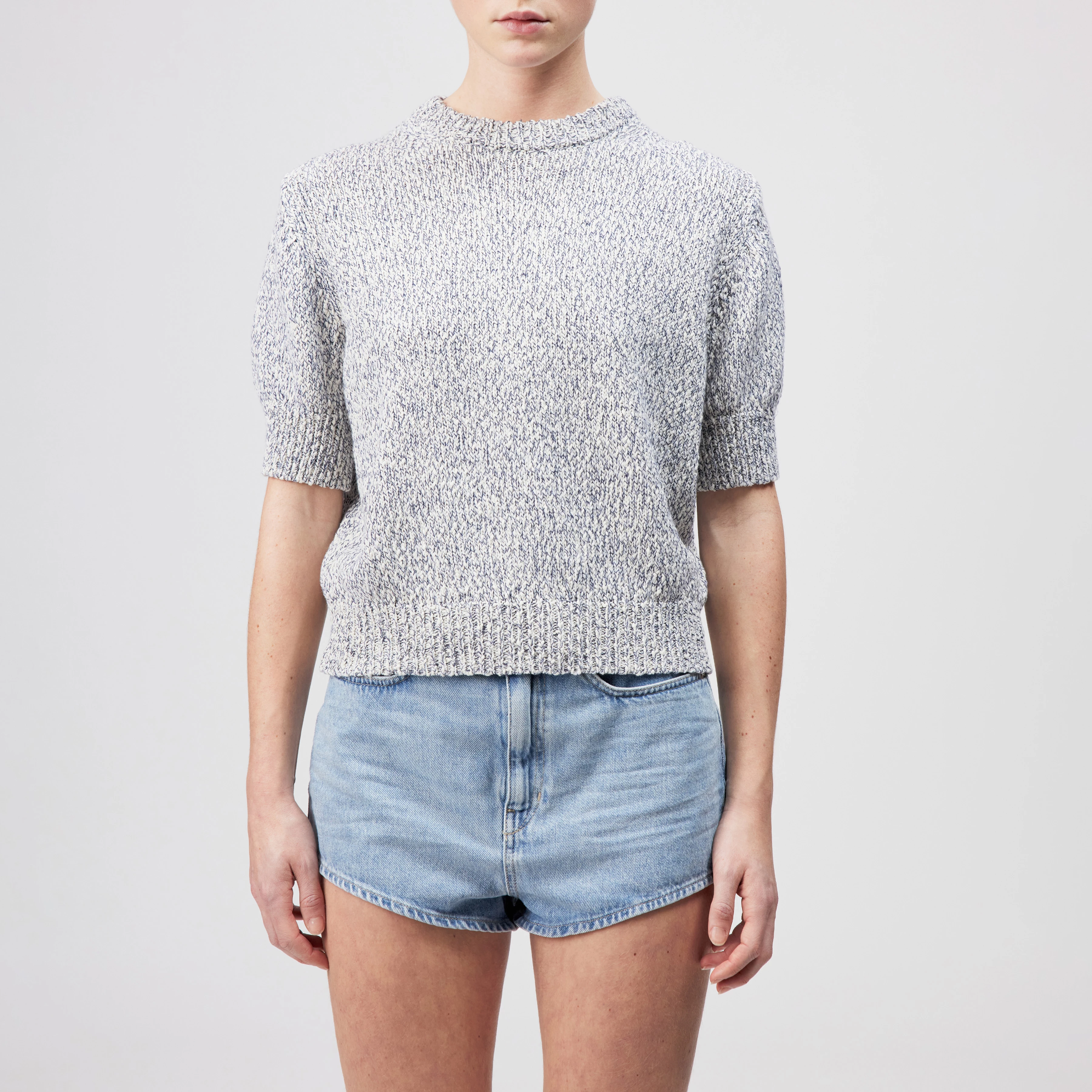 SANIDY - Knit T-shirt in soft mouliné yarn - women - blue - Frontansicht