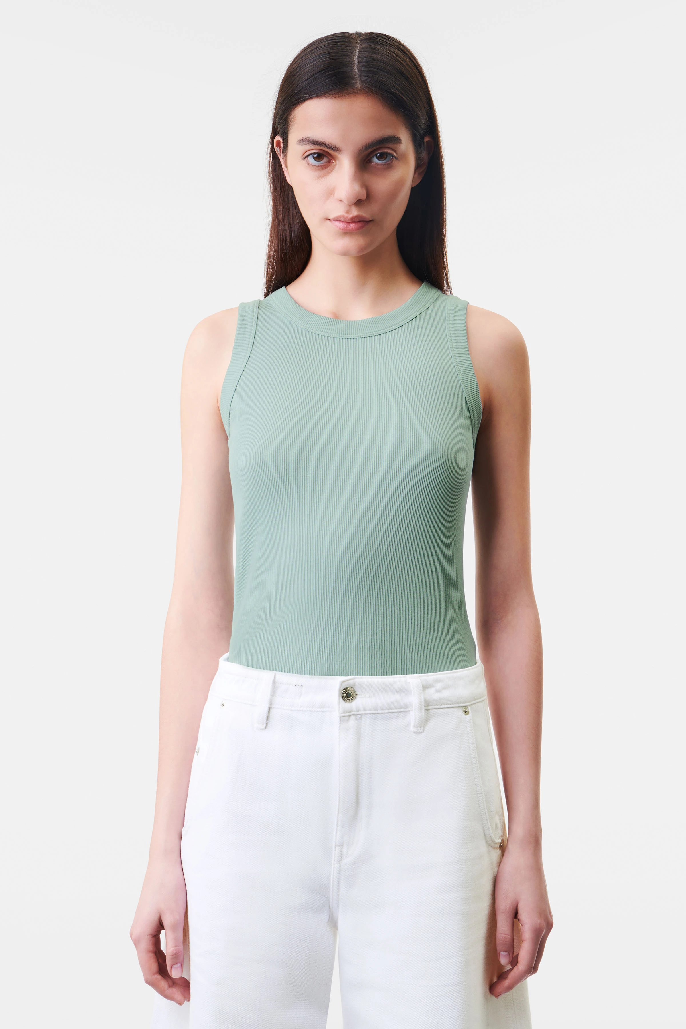 OLINA - Tanktop mit Rundhals in Baumwoll-Rippe - Damen - grün - Frontansicht