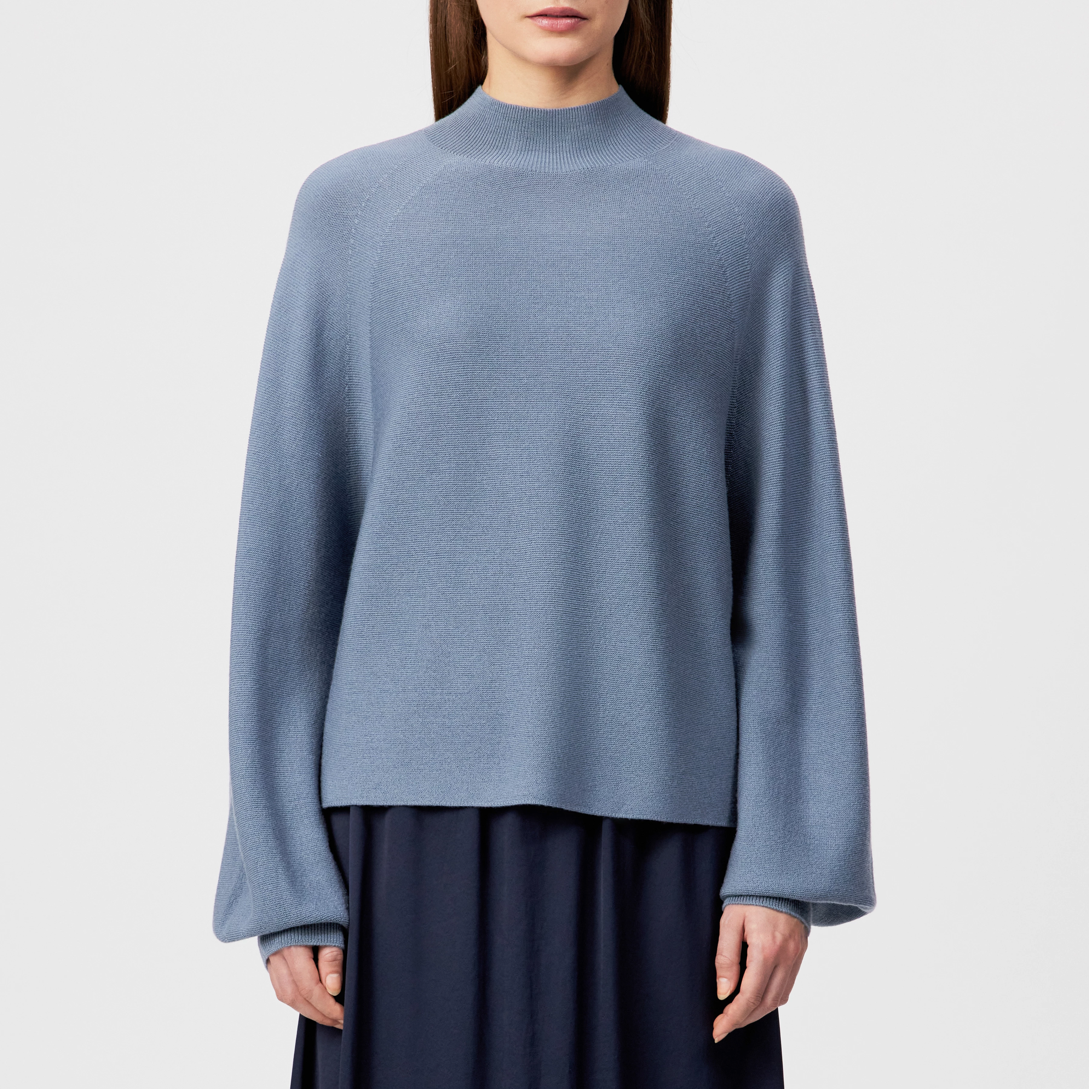KIMONI - Jumper with balloon sleeves in 100% merino wool - women - blue - Frontansicht