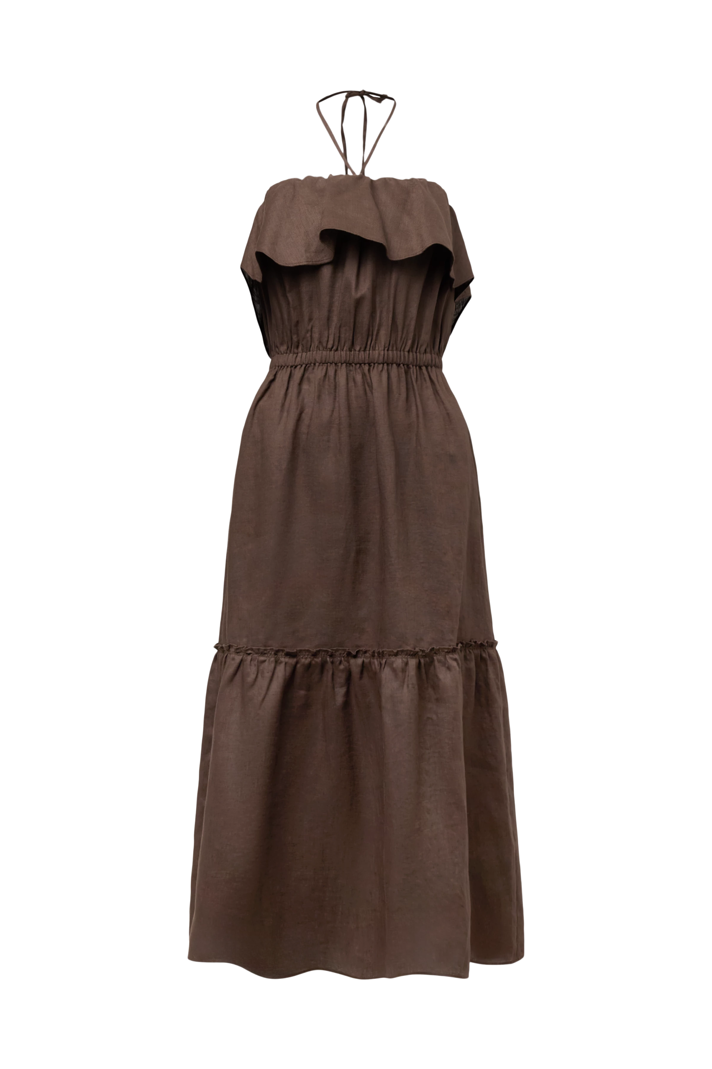 LUMIRA - Bandeau maxi dress with ruffle in pure linen - women - brown - Freisteller Frontansicht
