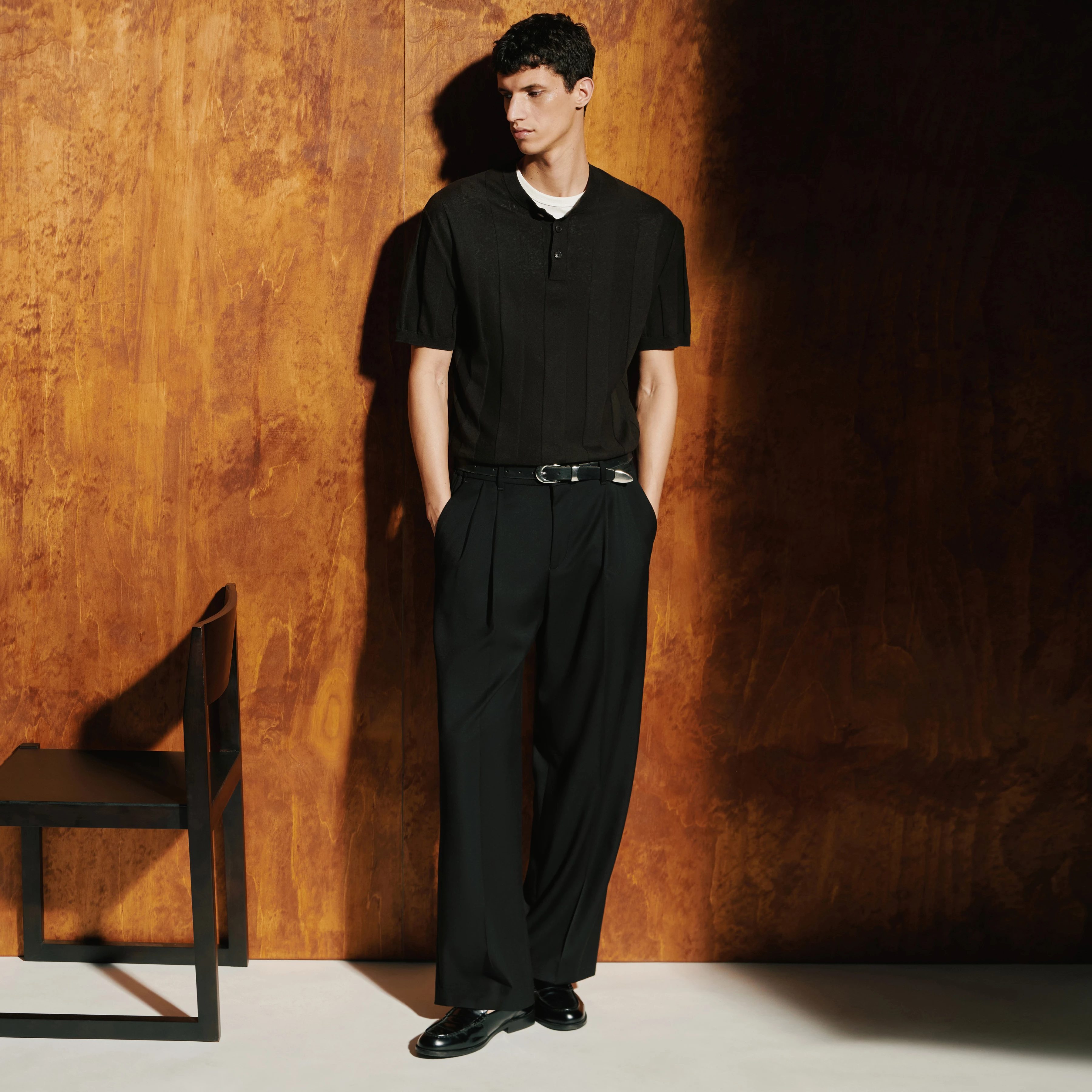 LEEK_WIDE - Relaxed fit plooibroek in flanel - heren - zwart