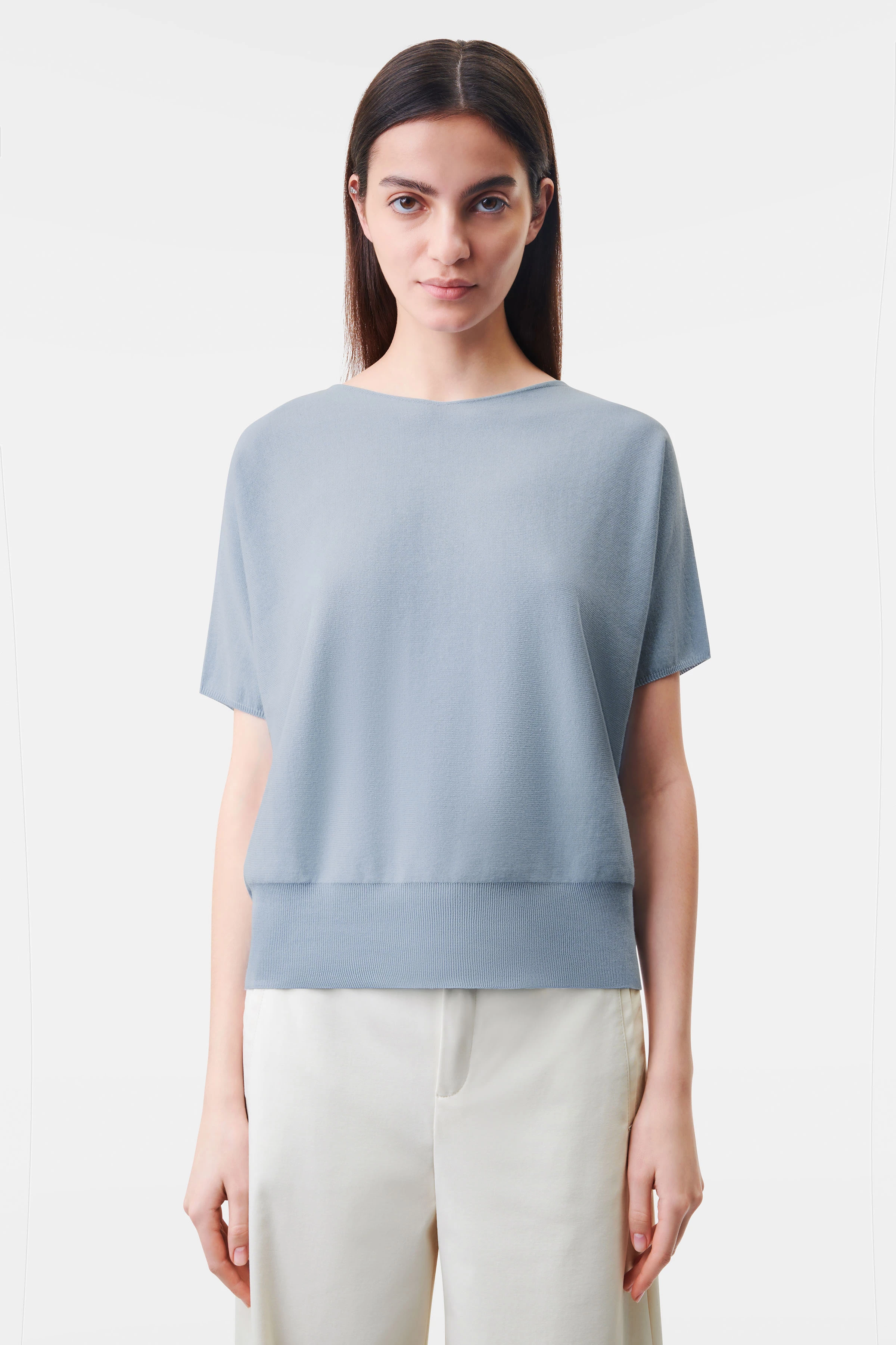 SOMELI - knitted t-shirt in cotton crepe - women - blue - Frontansicht