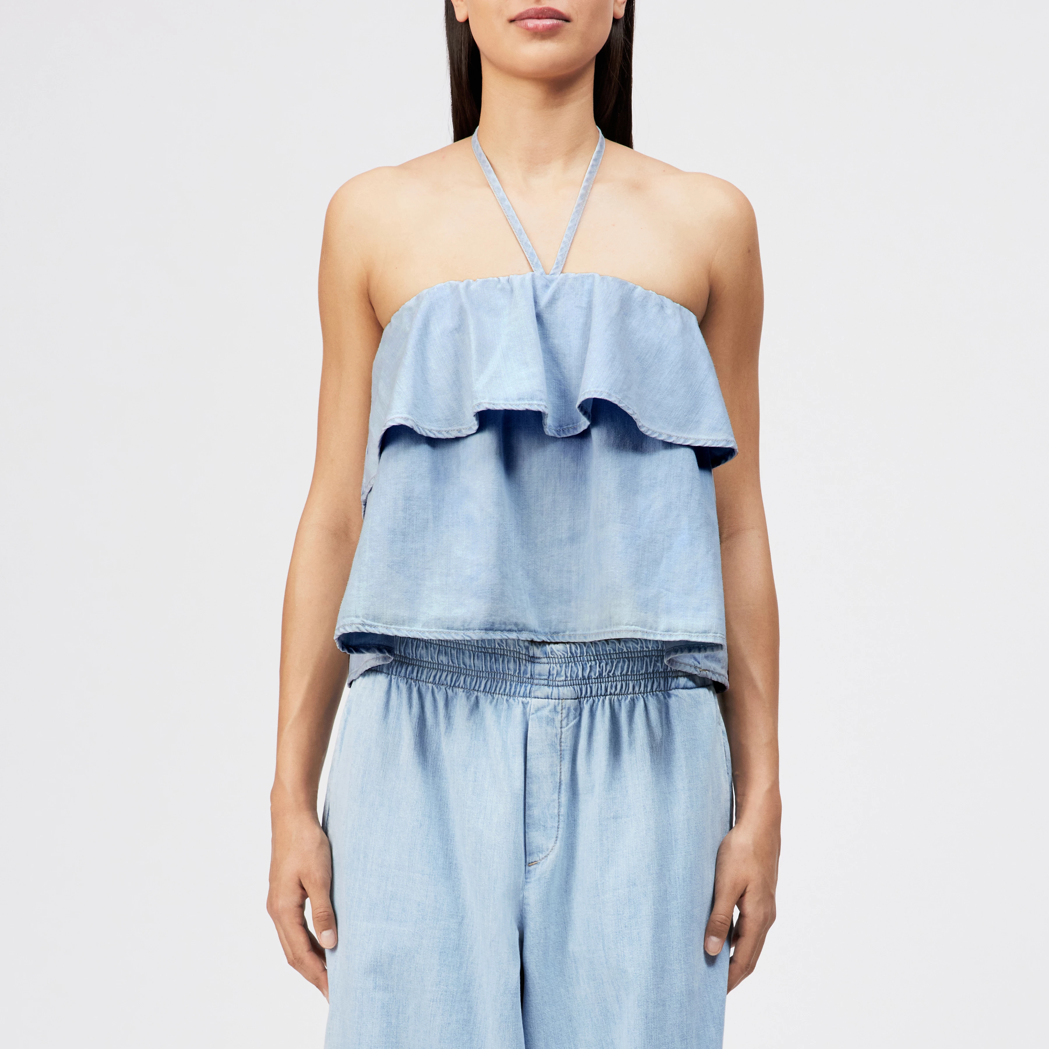 RIVANA - Cropped Bandeau-Bluse in Denim-Optik und Neckholder - Damen - blau - Frontansicht