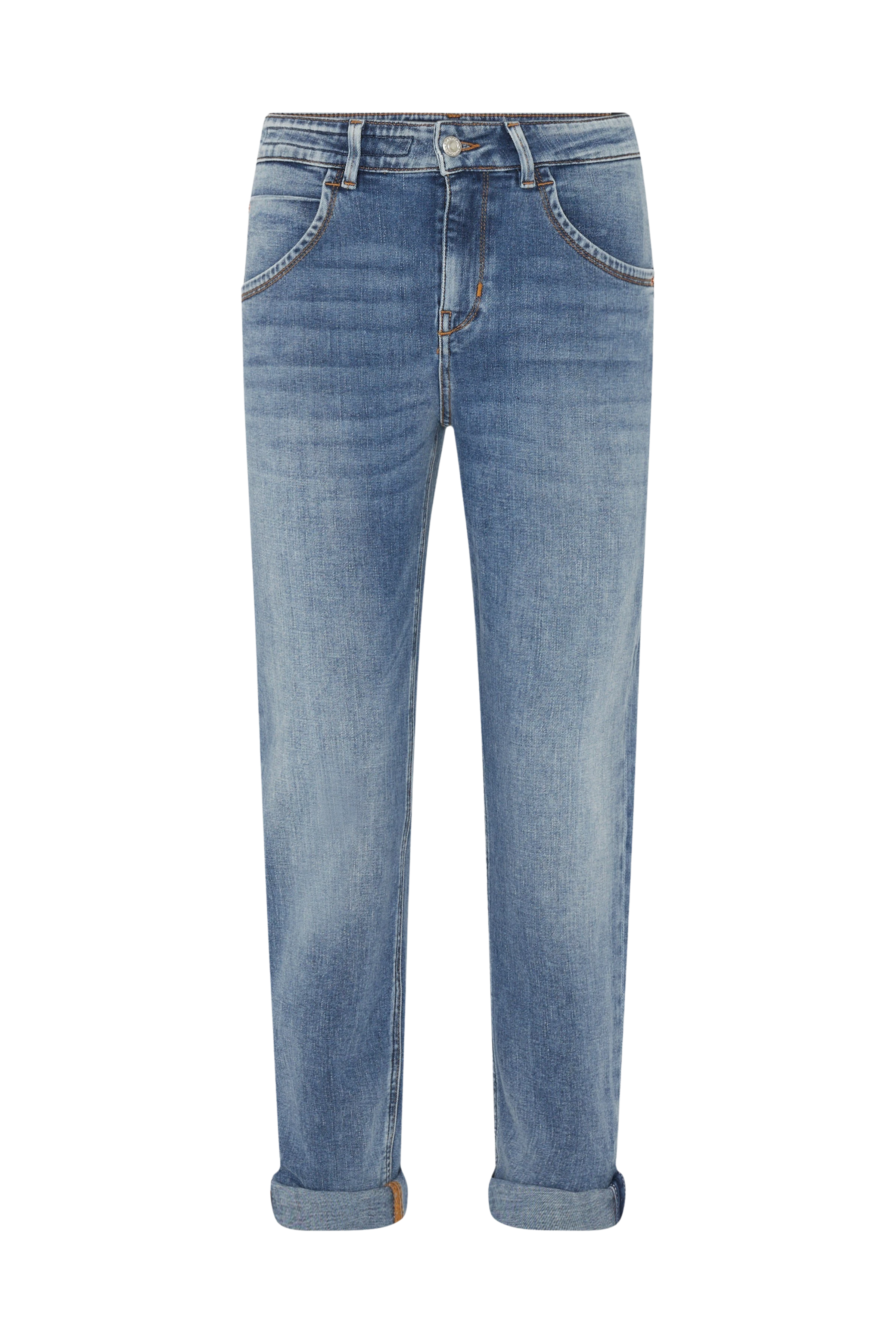 LIKE - Girlfriend-Jeans mit Krempelsaum in soft-touch Denim mit Used-Effekten - Damen - blau - Freisteller Frontansicht