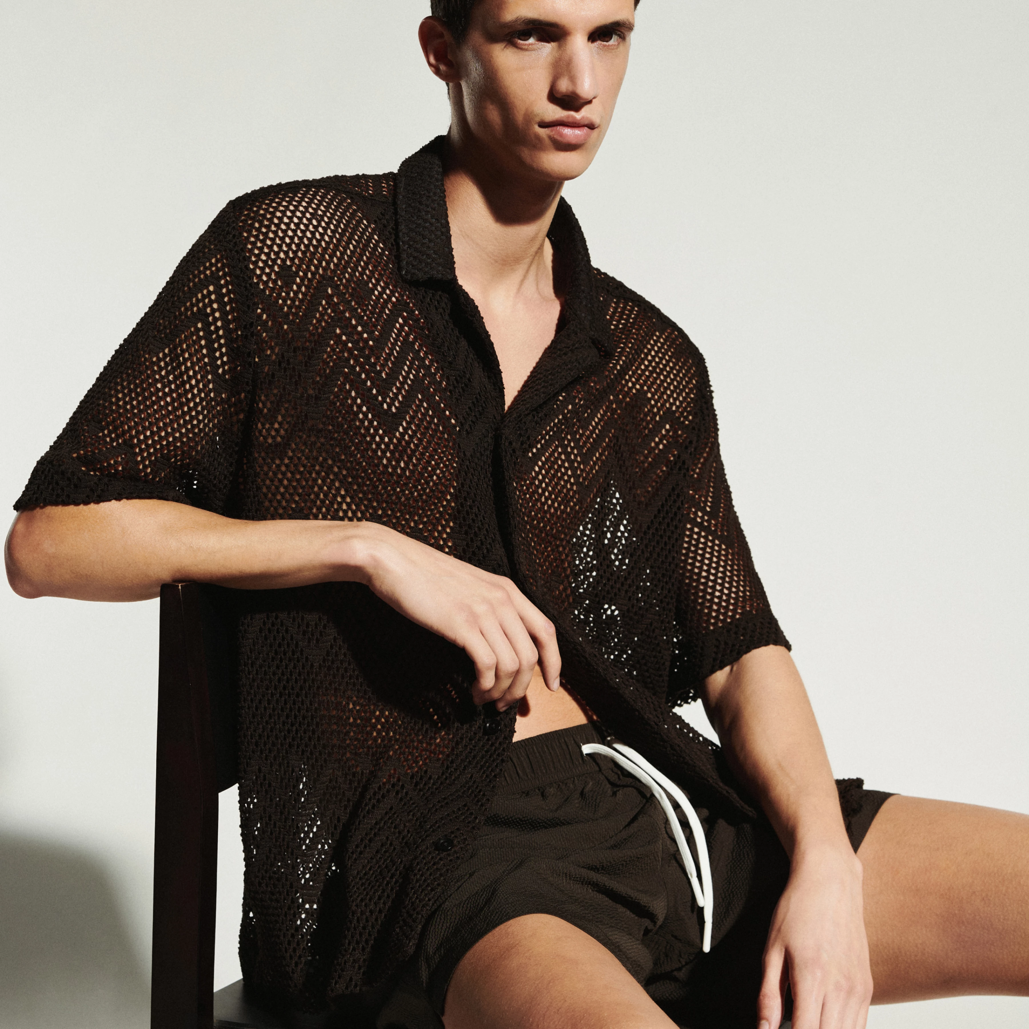 BIJAN_2 - Casual short-sleeve shirt with eyelet pattern - men - brown