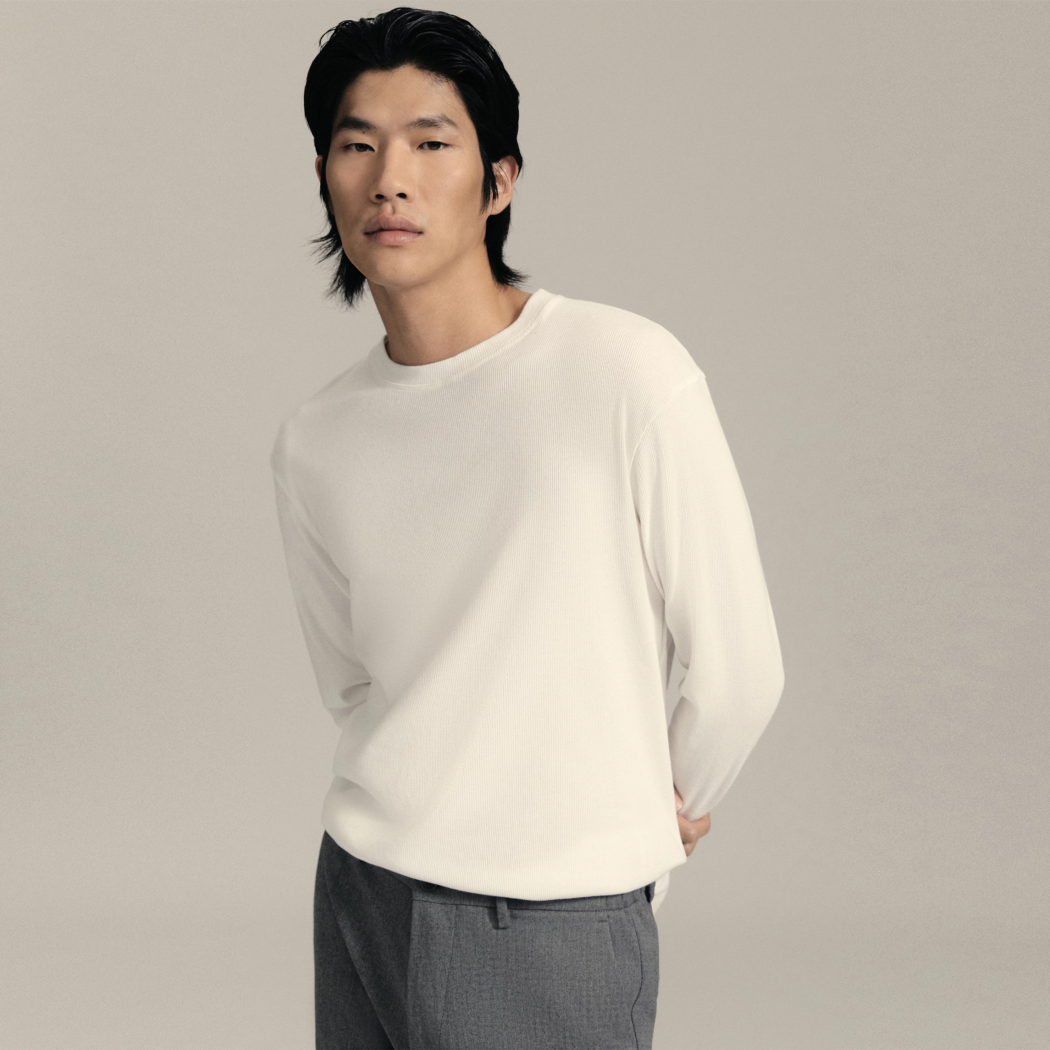 TALDOR - Longsleeve in gewaschener Rippe - Herren - off white