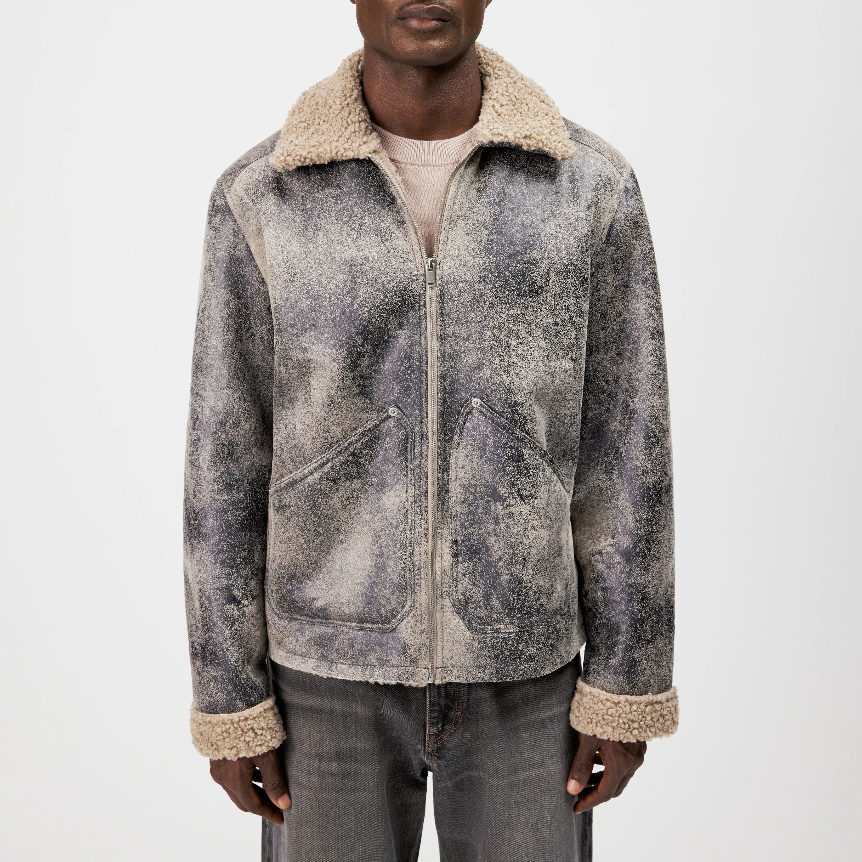 LERON - Faux leather jacket with teddy collar - men - brown - Frontansicht