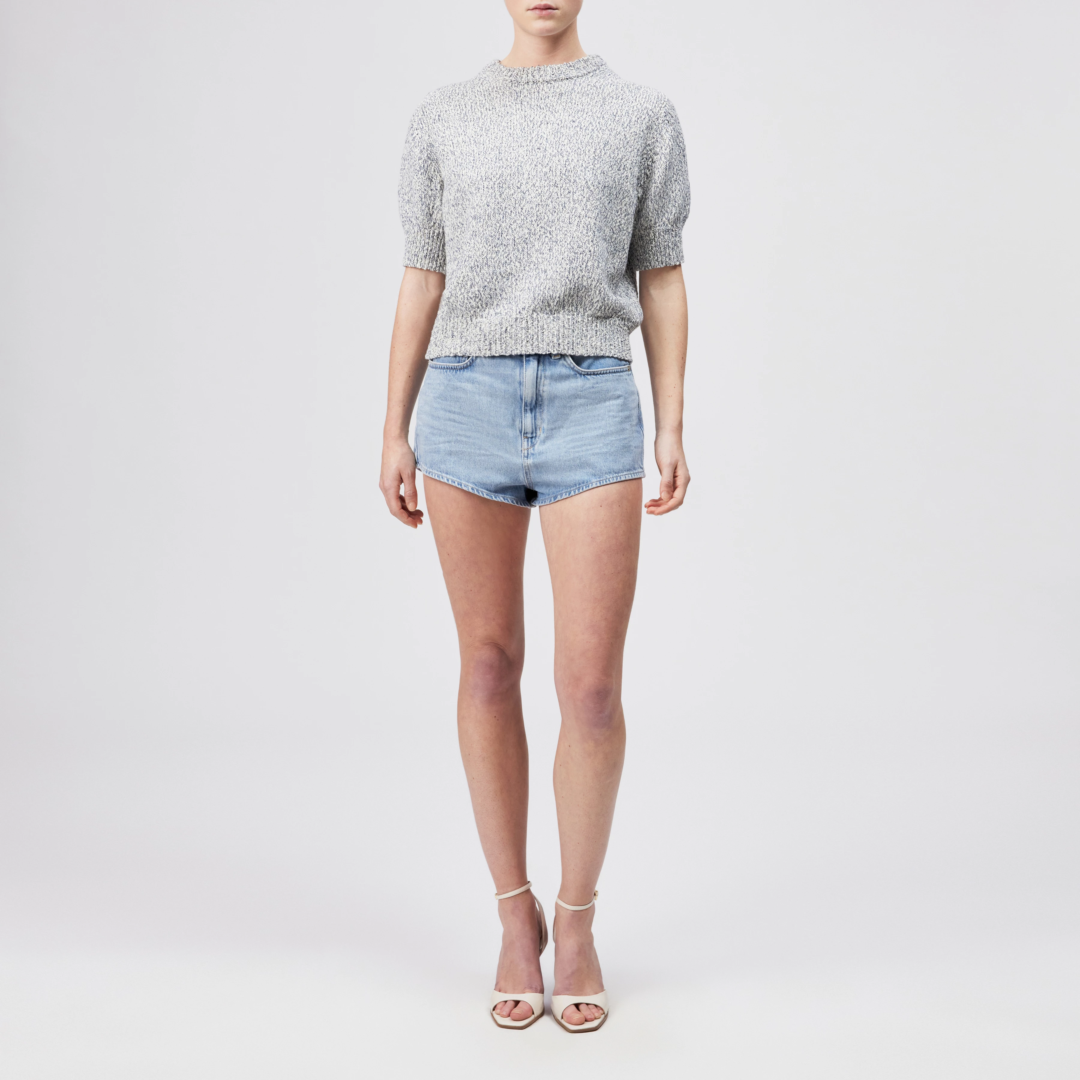 SANIDY - Knit T-shirt in soft mouliné yarn - women - blue - Ganzkörper-Frontansicht