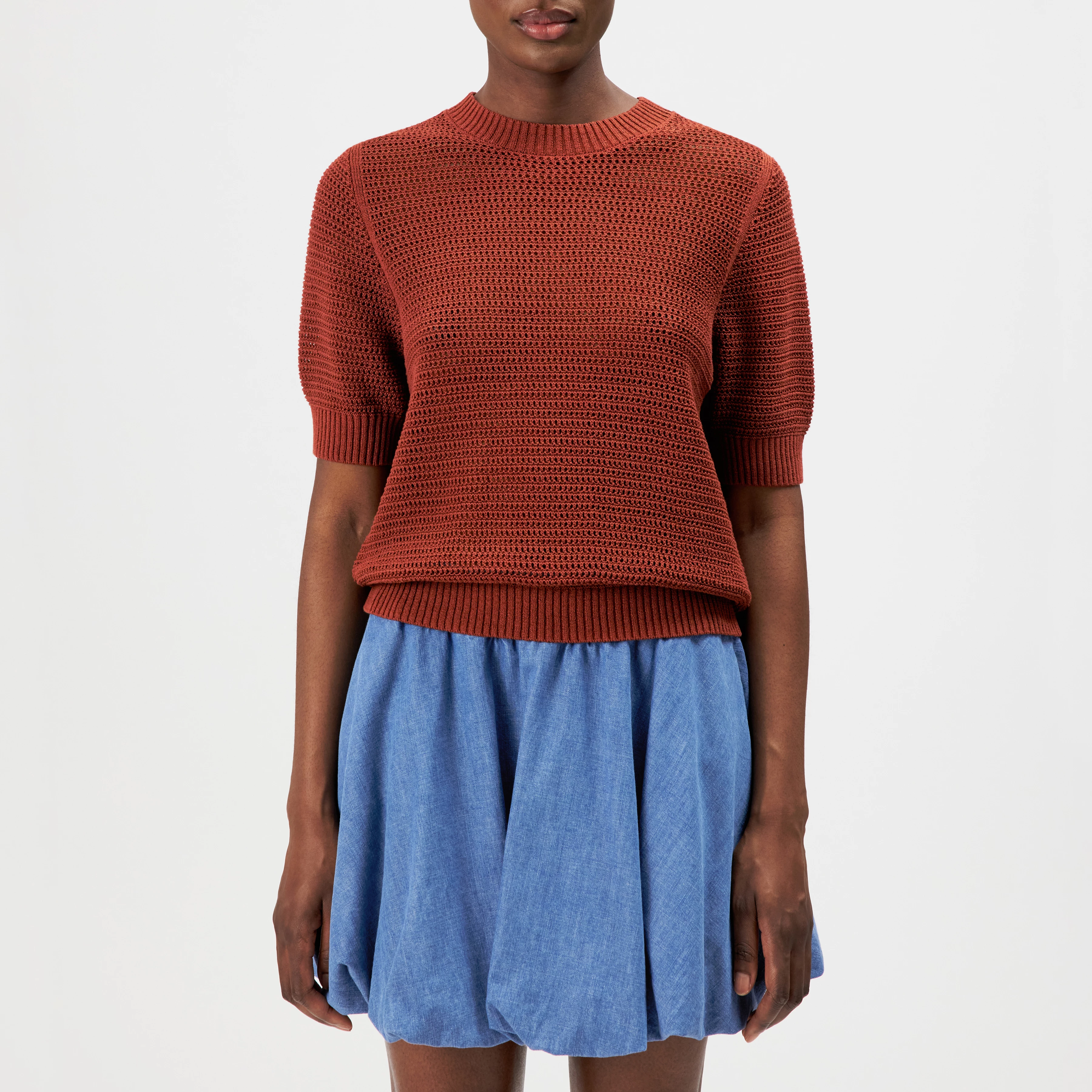 SANIDY - Chunky knit short sleeve in cotton blend - women - red - Frontansicht