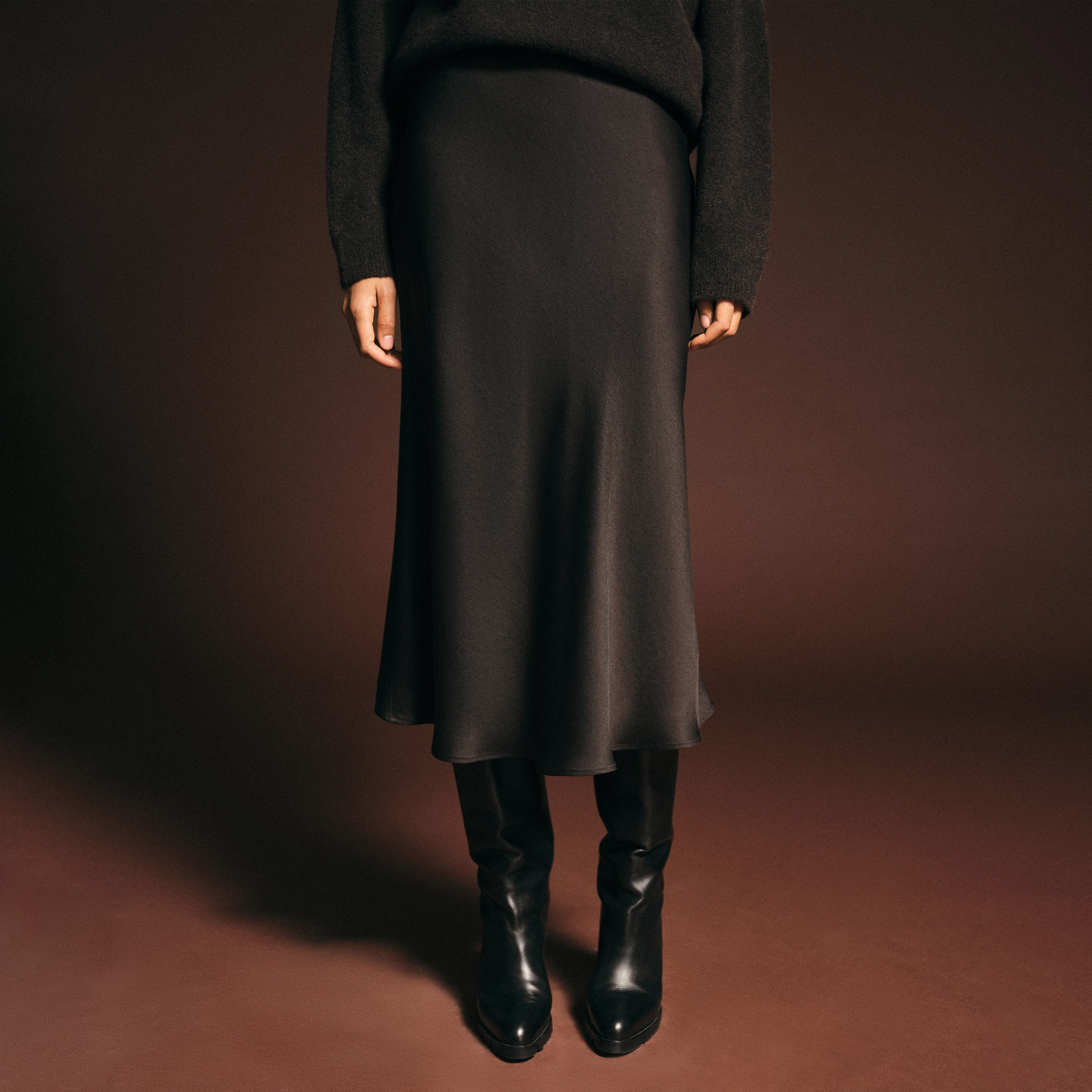 URA - Slip-Skirt in Midilänge in Satin - Damen - braun