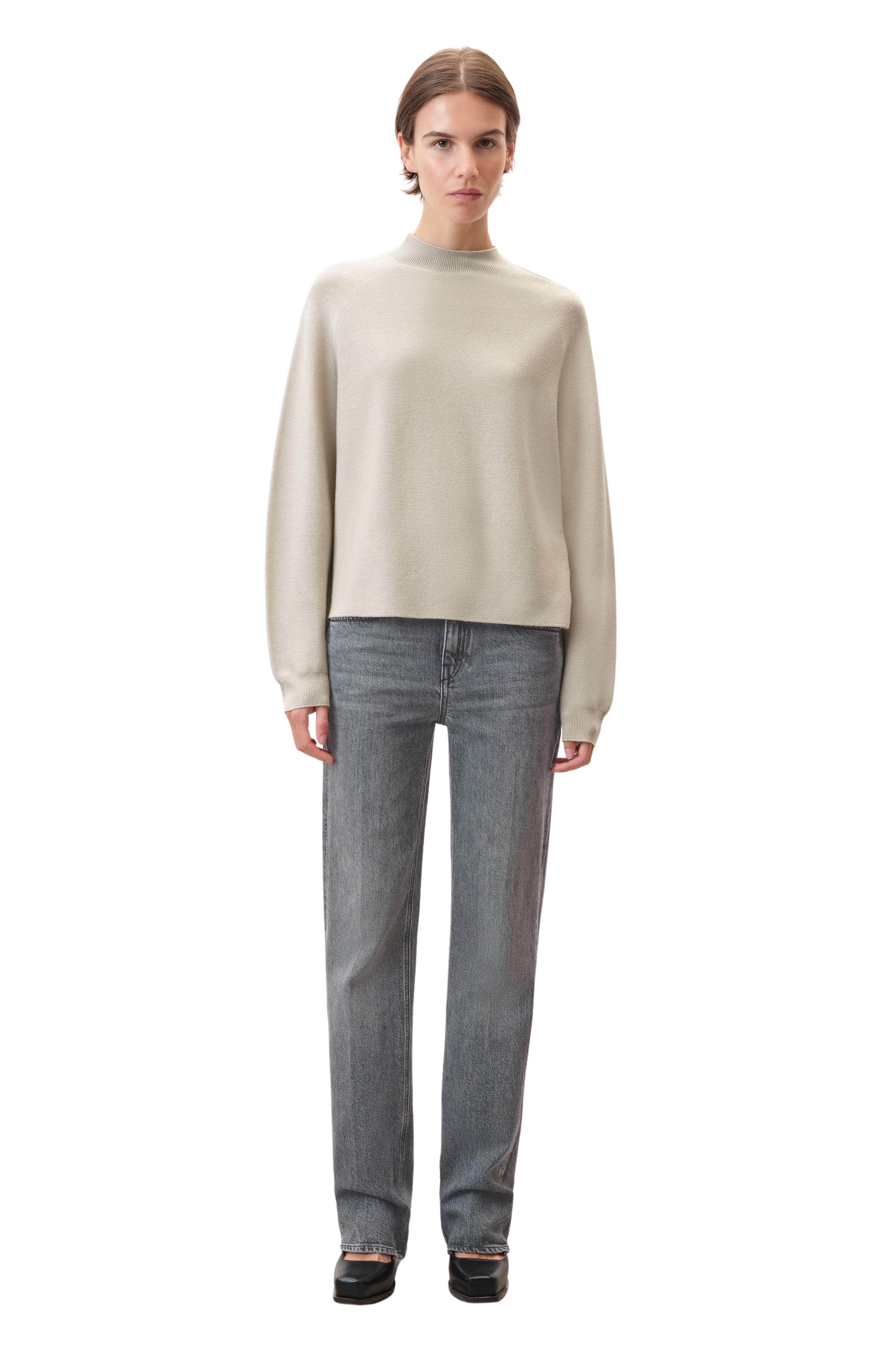 LOTIAMI - Verkürzter Pullover in 100% Merinowolle - Damen - beige - Ganzkörper-Frontansicht