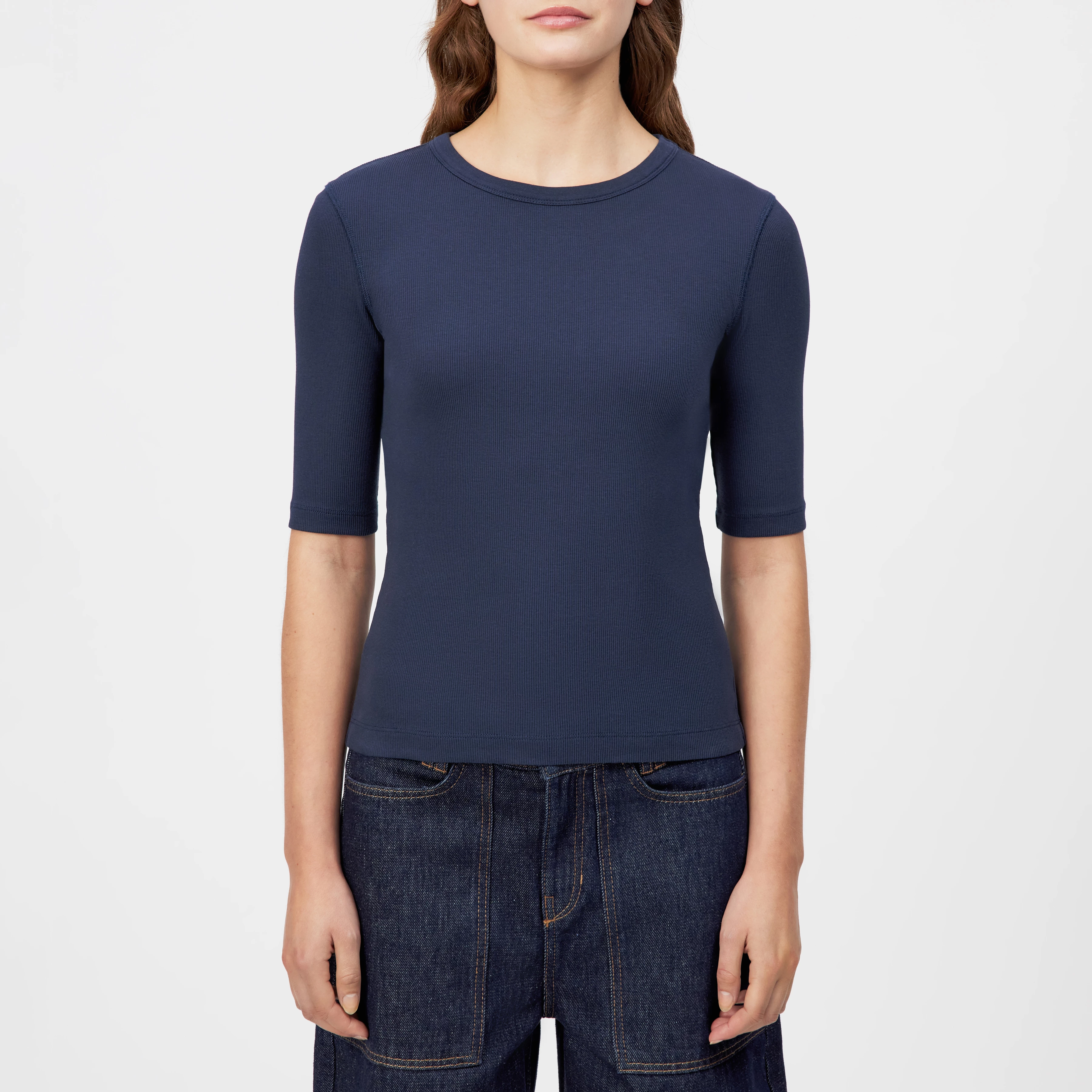 SELAY - Haut étroit en coton côtelé - women - bleu - Frontansicht