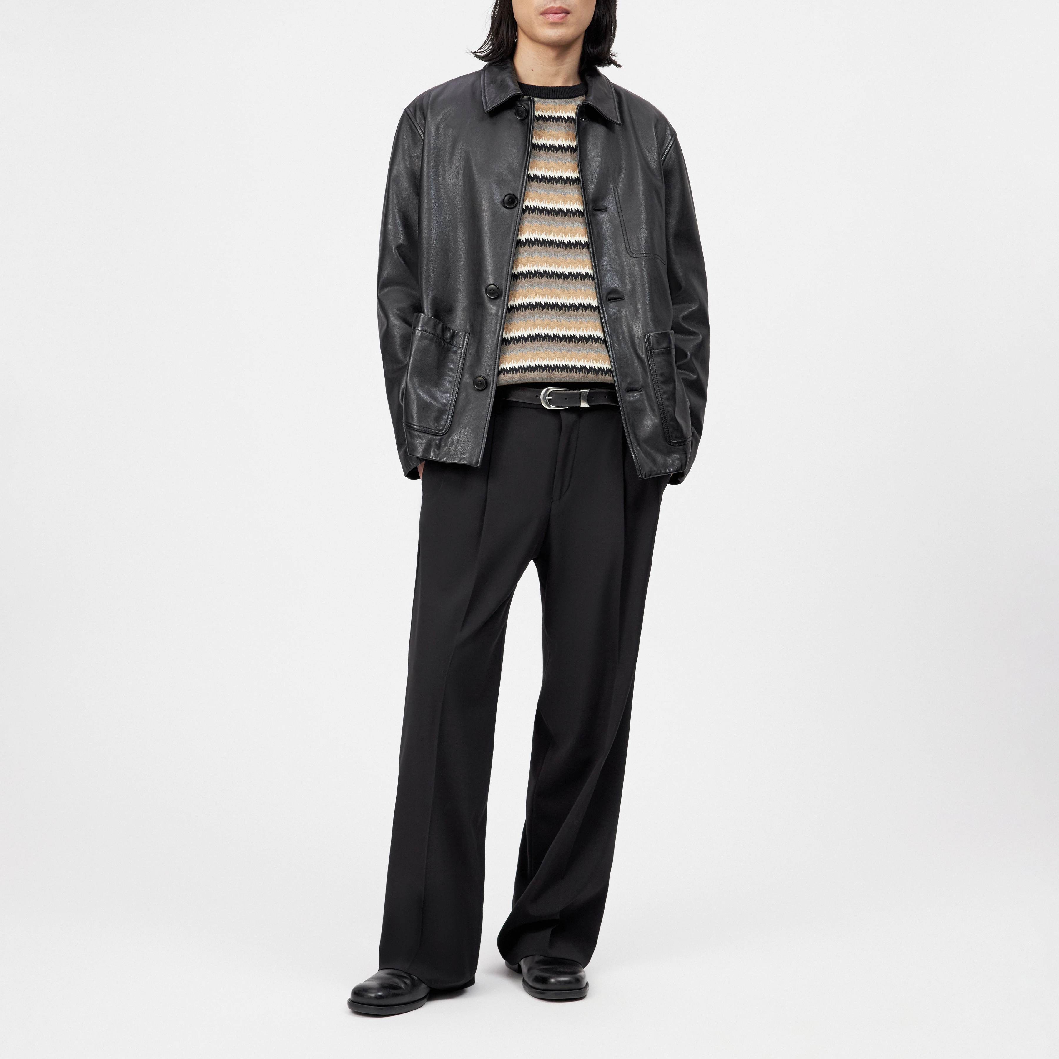 MAKONA - Indoor jacket in leather - men - Natural Aluminium - Ganzkörper-Frontansicht