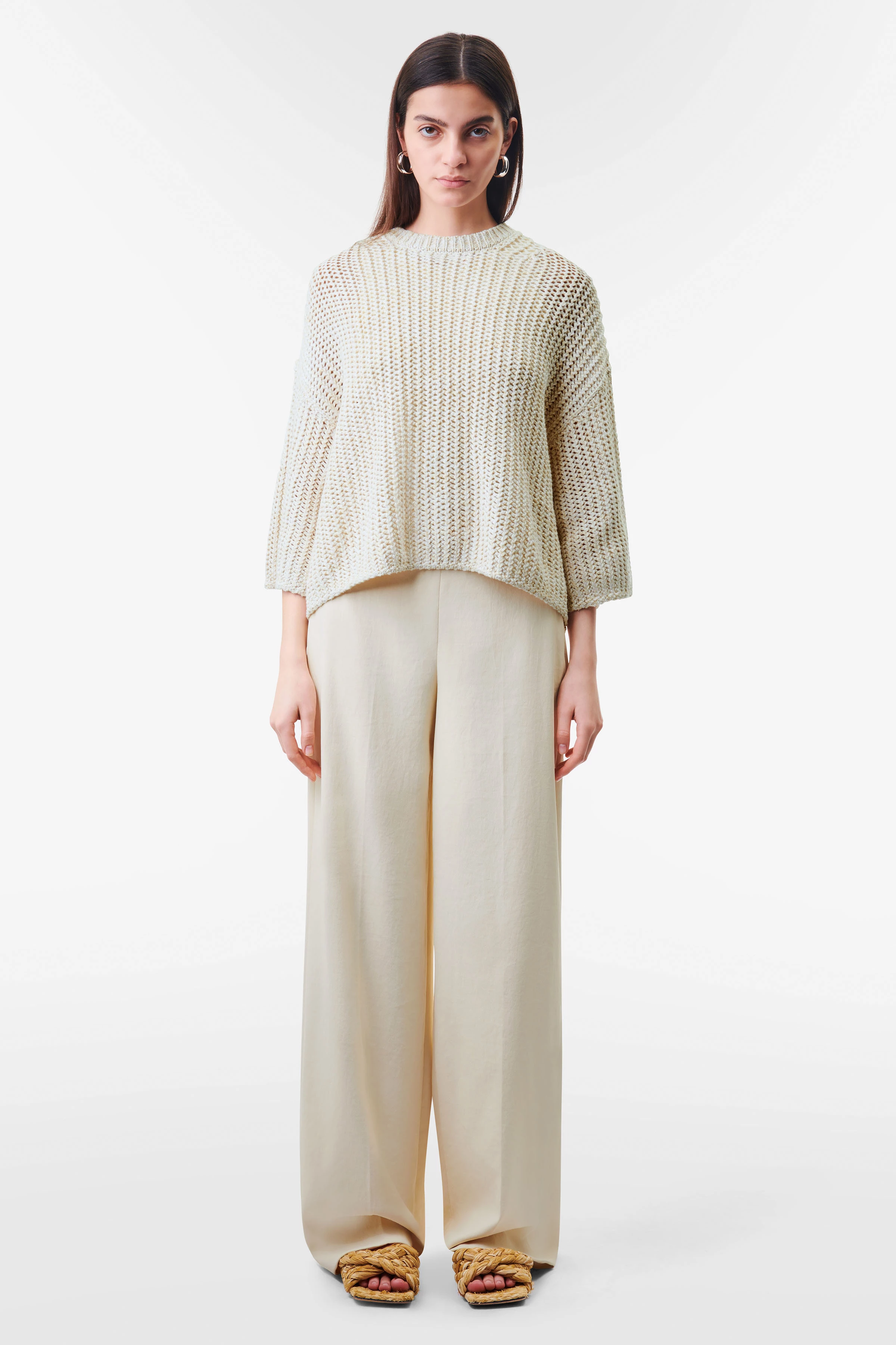 NILAY - Oversized knitted T-shirt in mouliné cotton yarn - women - beige - Ganzkörper-Frontansicht