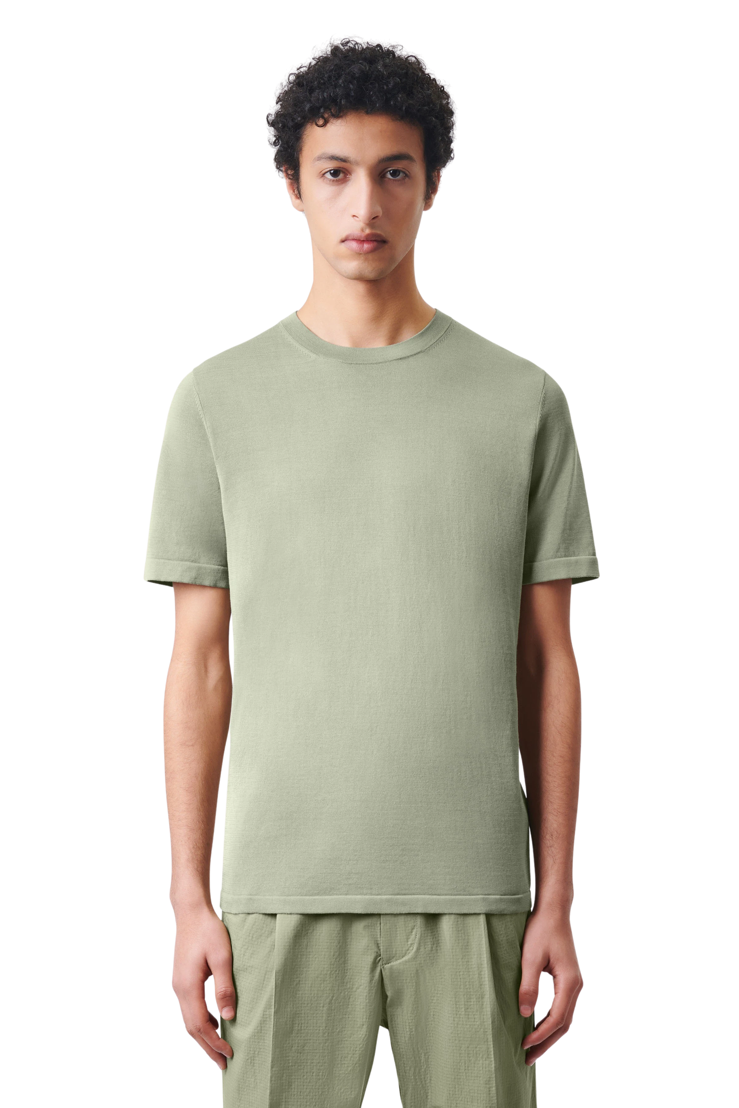 VALENTIN - knitted t-shirt with wide cuffs in pure cotton - men - green - Frontansicht