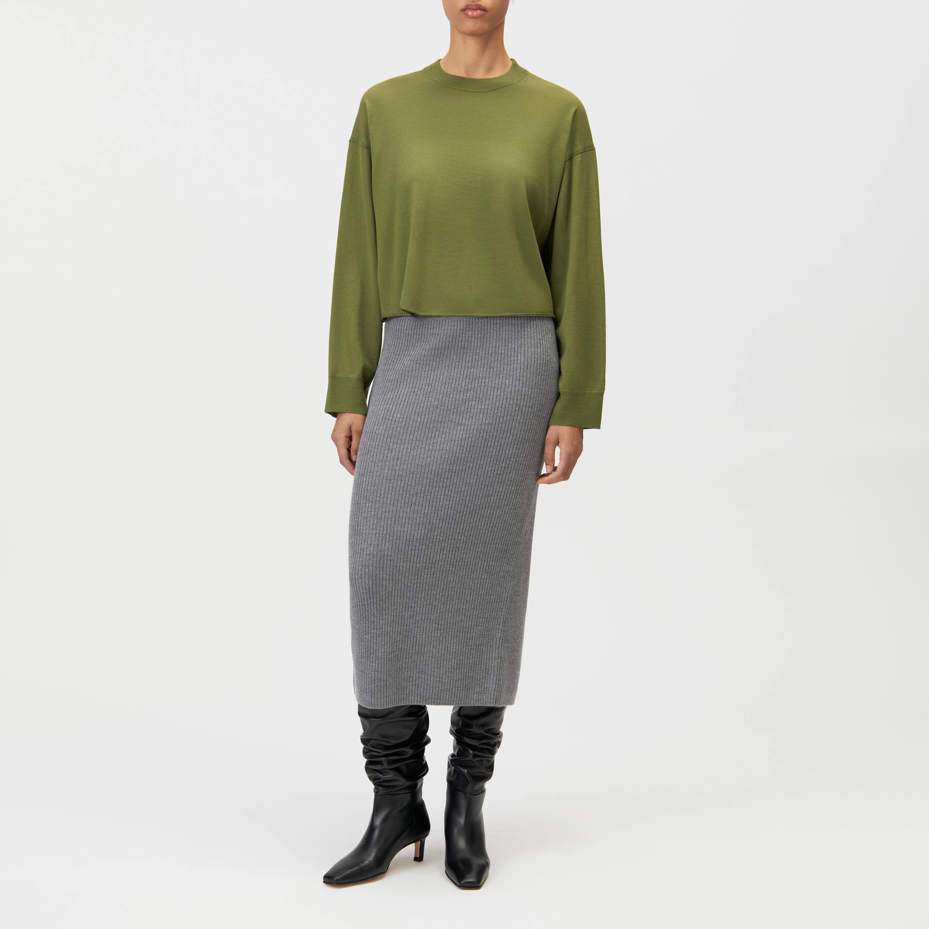 LUDIMI - Jupe crayon fendue en 100% laine mérinos - women - gris - Ganzkörper-Frontansicht