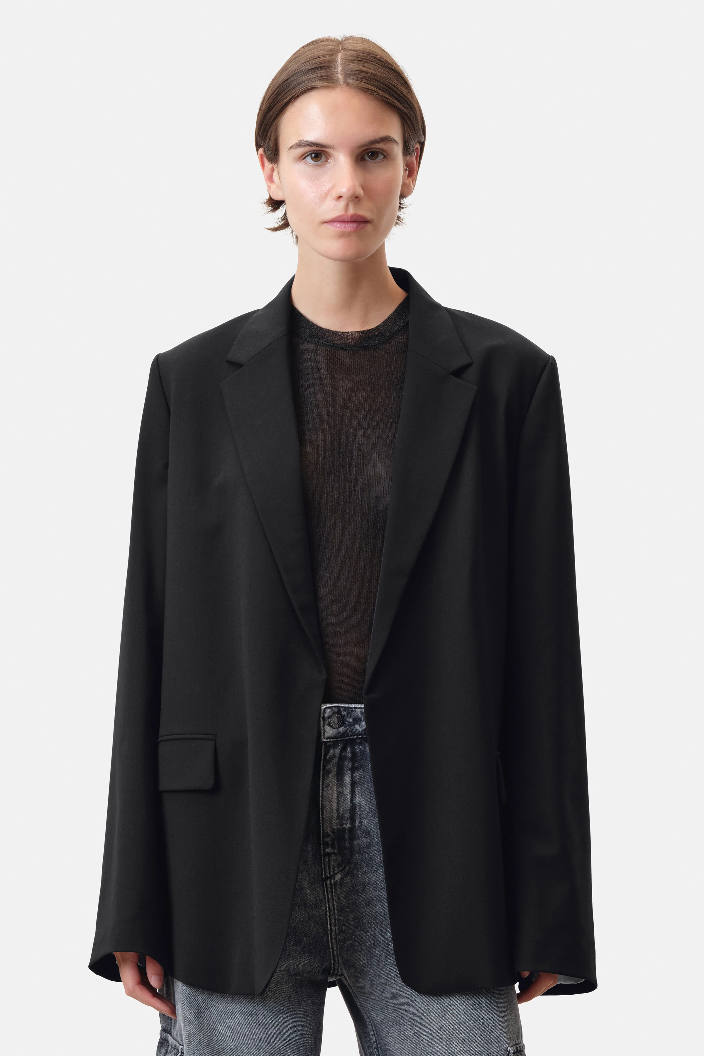 IDBURY - Verschlussloser Boyfriend-Blazer in Wollserge - Damen - schwarz - Frontansicht