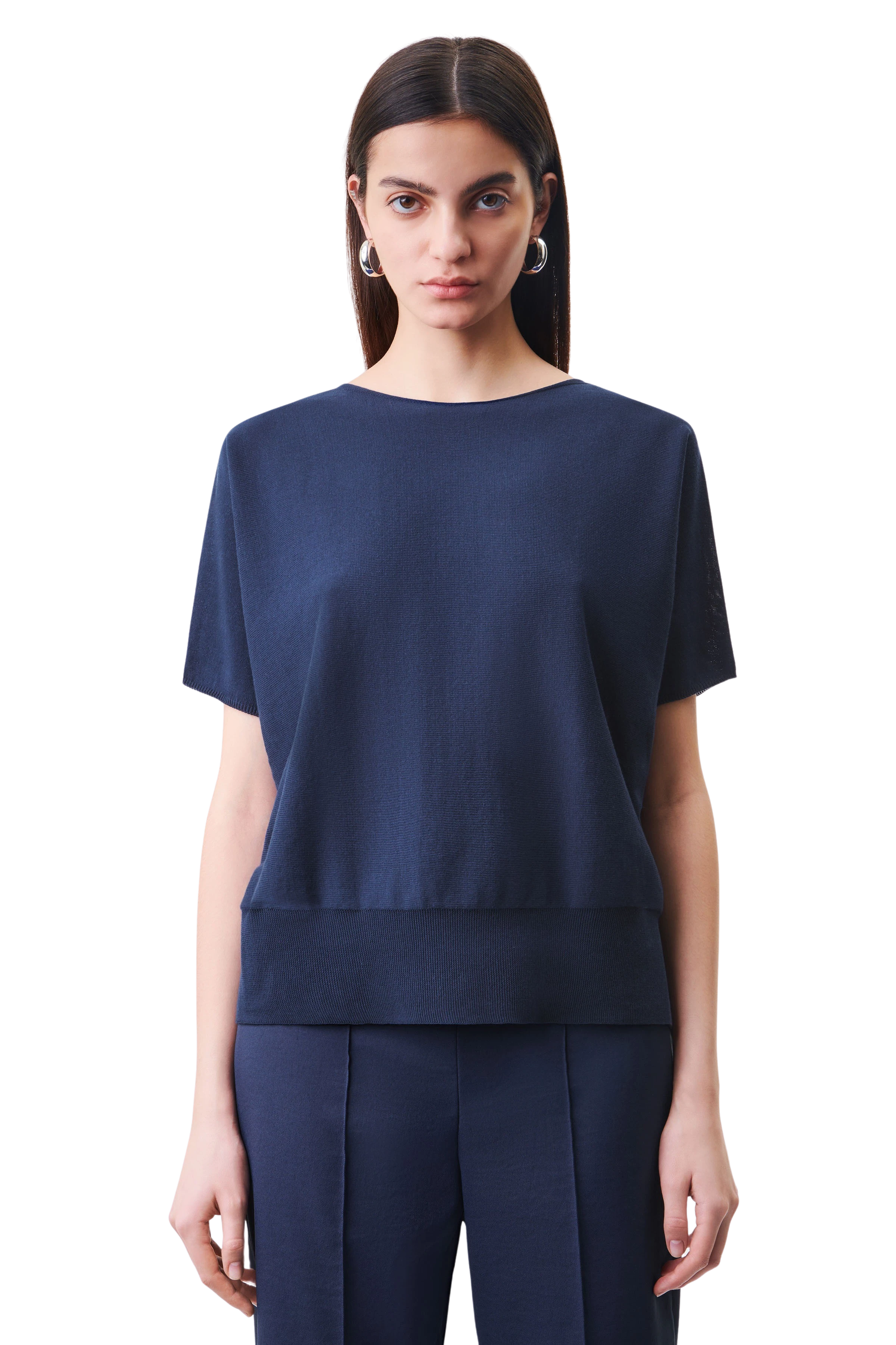 SOMELI - Strick-T-Shirt in Baumwoll-Crêpe - Damen - blau - Frontansicht