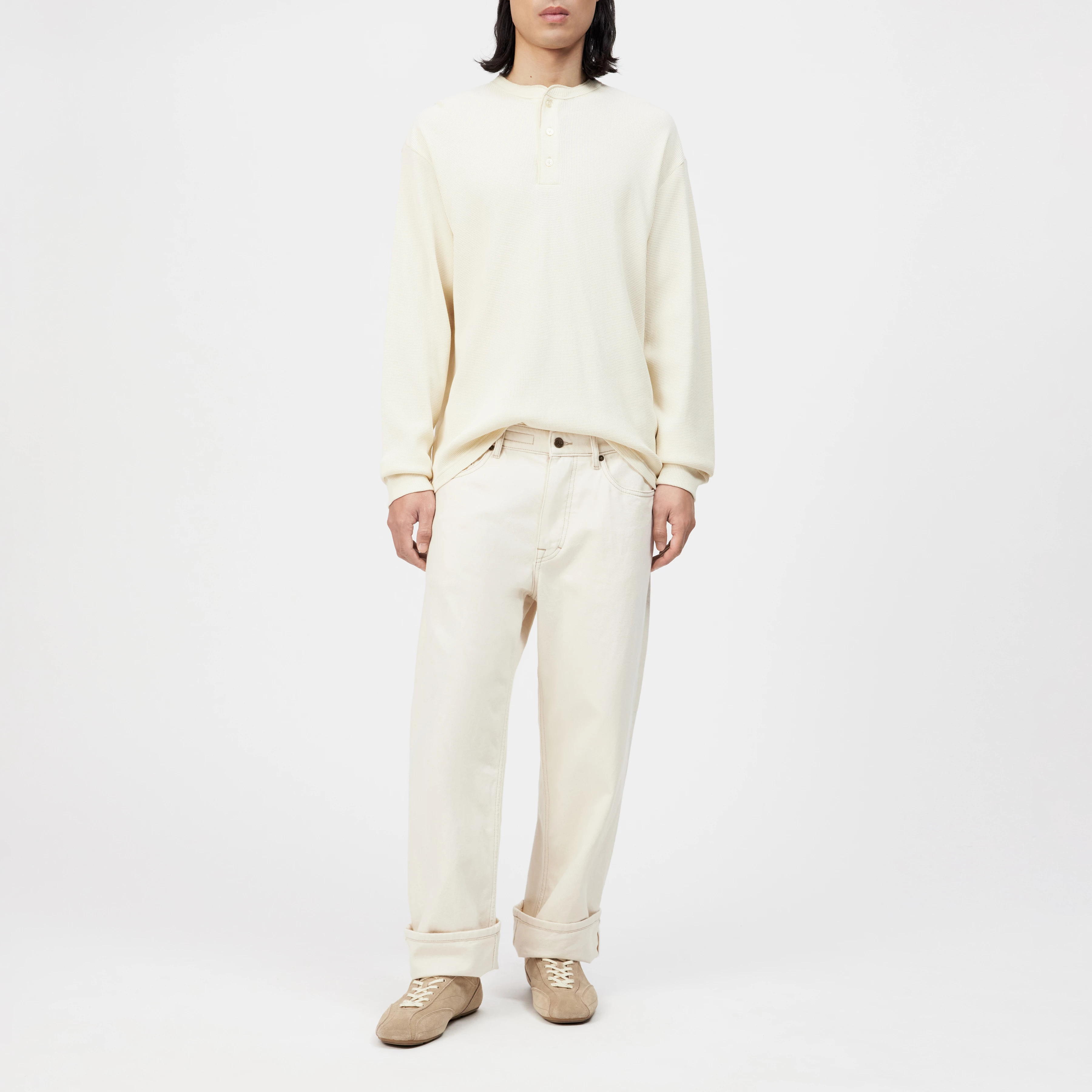 KILANO - Longsleeve mit Knopfleiste in Struktur - Herren - beige - Ganzkörper-Frontansicht