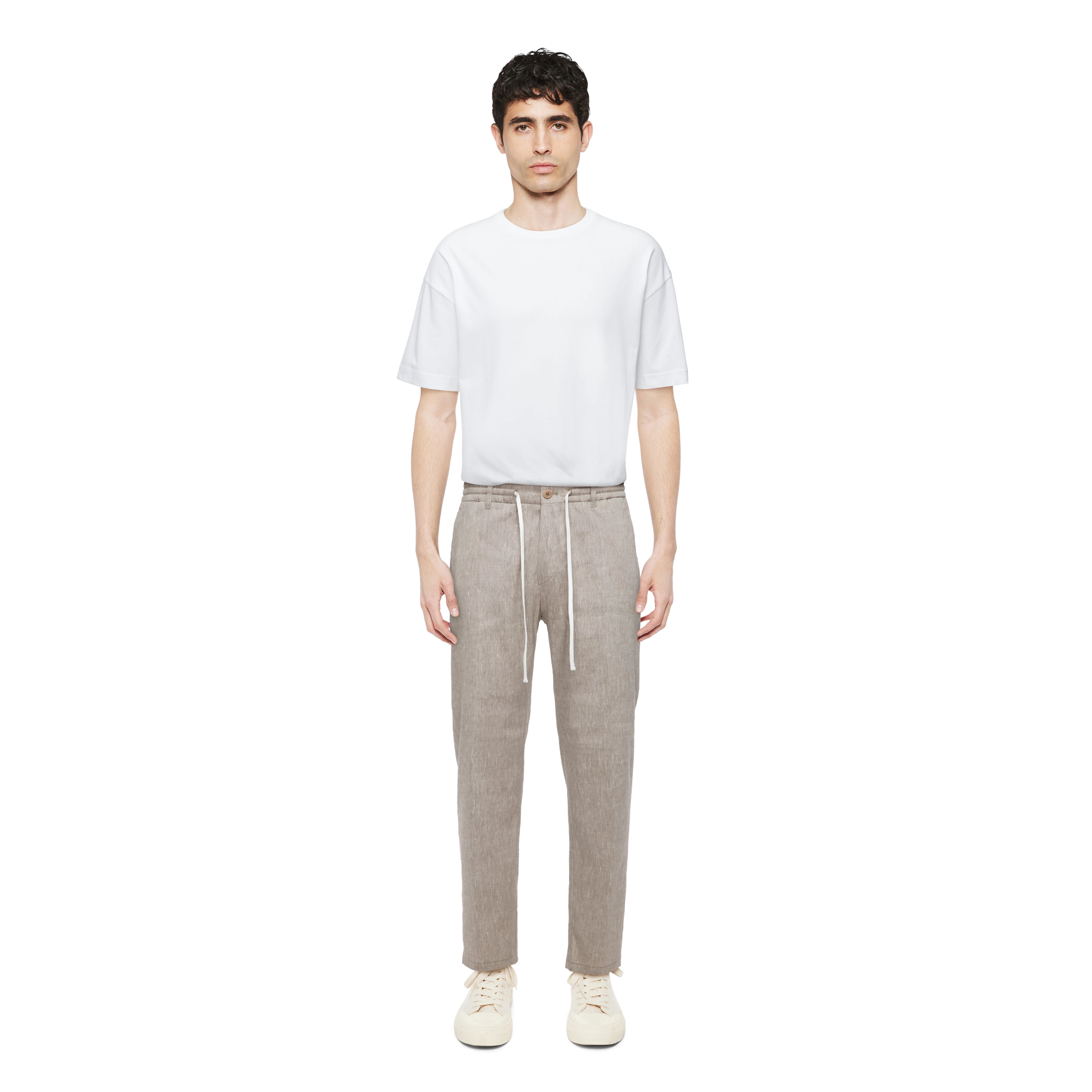 DEGER - Trousers with drawstring in linen mix - men - beige - Ganzkörper-Frontansicht