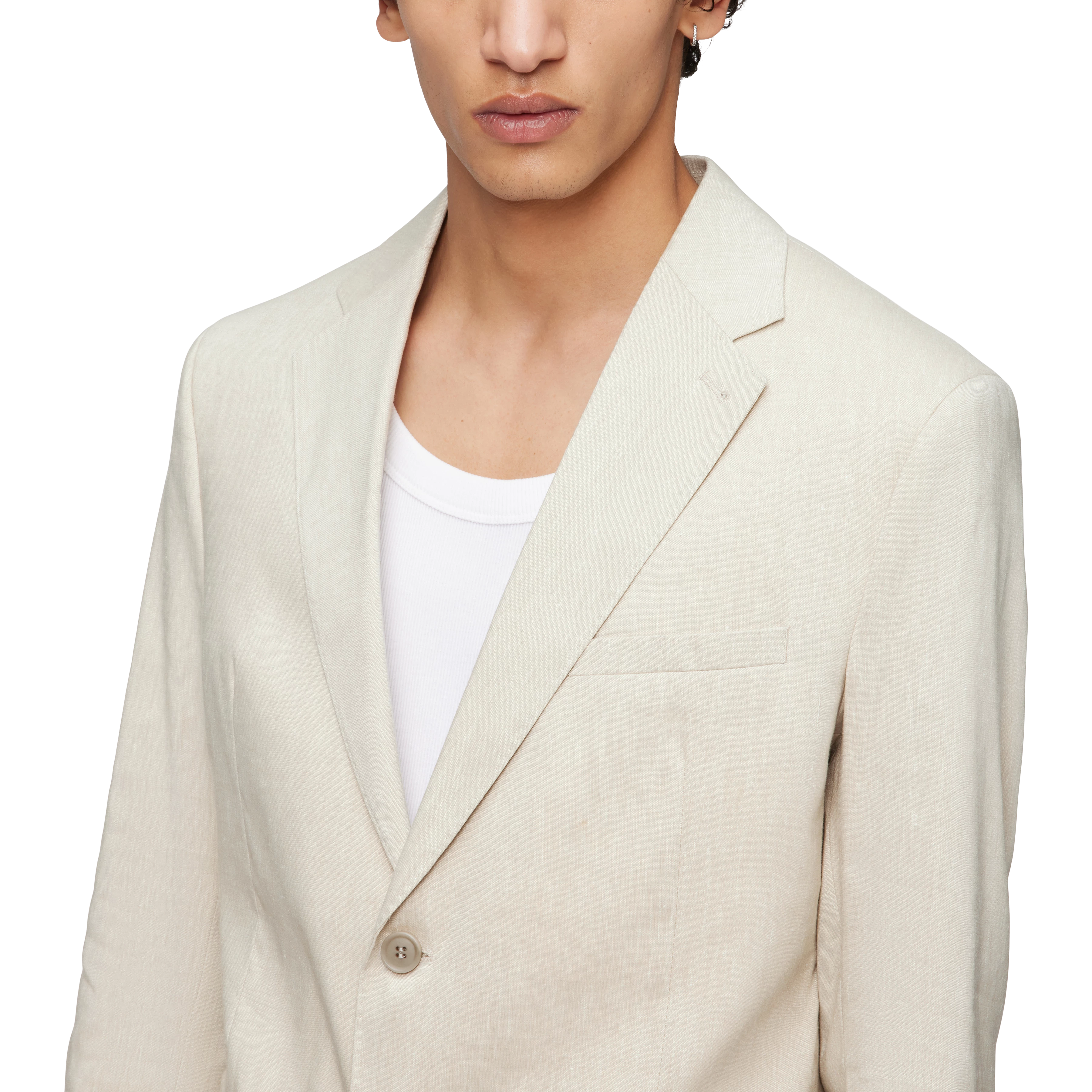 YAMES - Single-breasted jacket in linen blend - men - beige - Detailansicht am Model