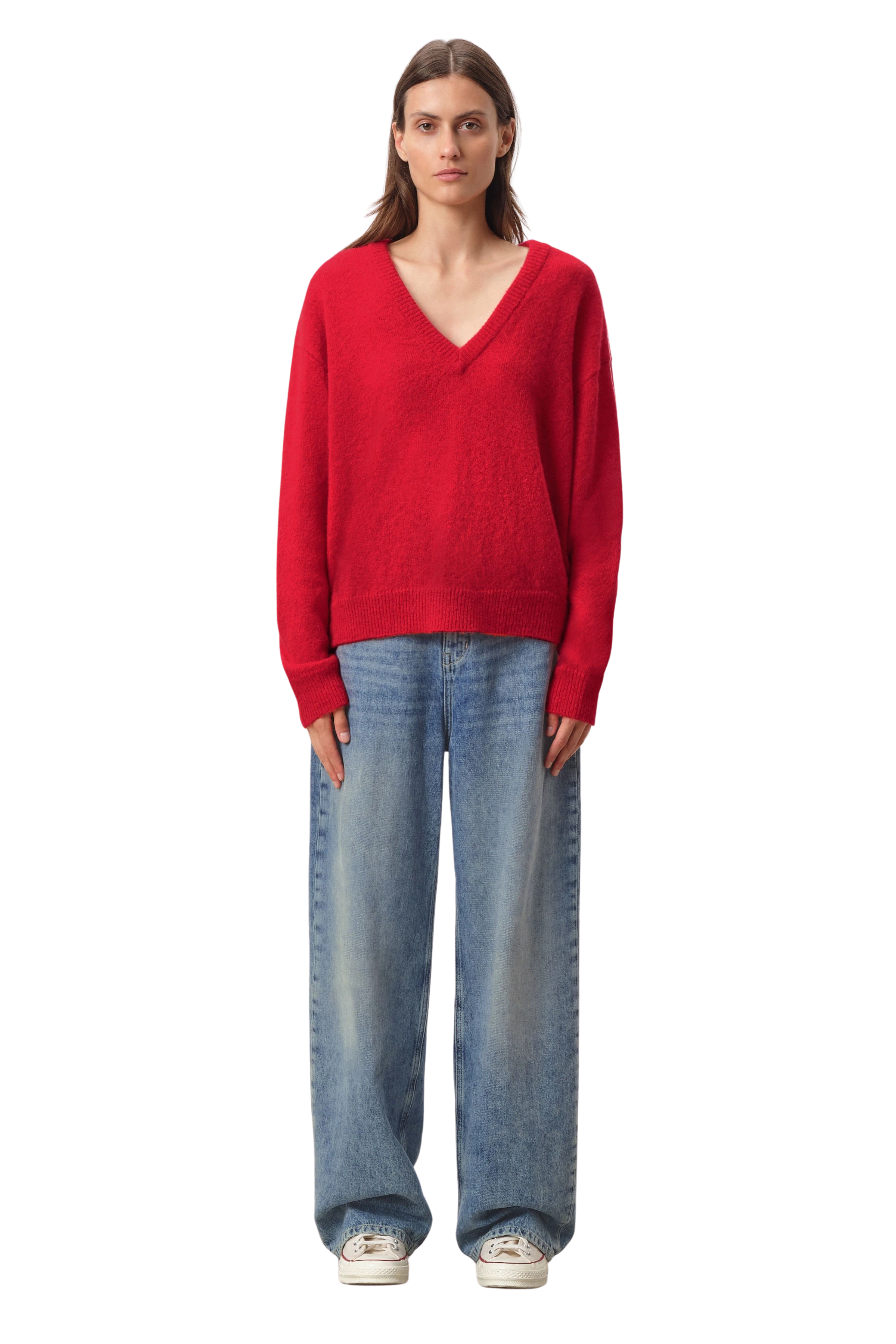 KARAJA - Pullover mit V-Ausschnitt in Alpaka-Woll Mix - Damen - rot - Ganzkörper-Frontansicht
