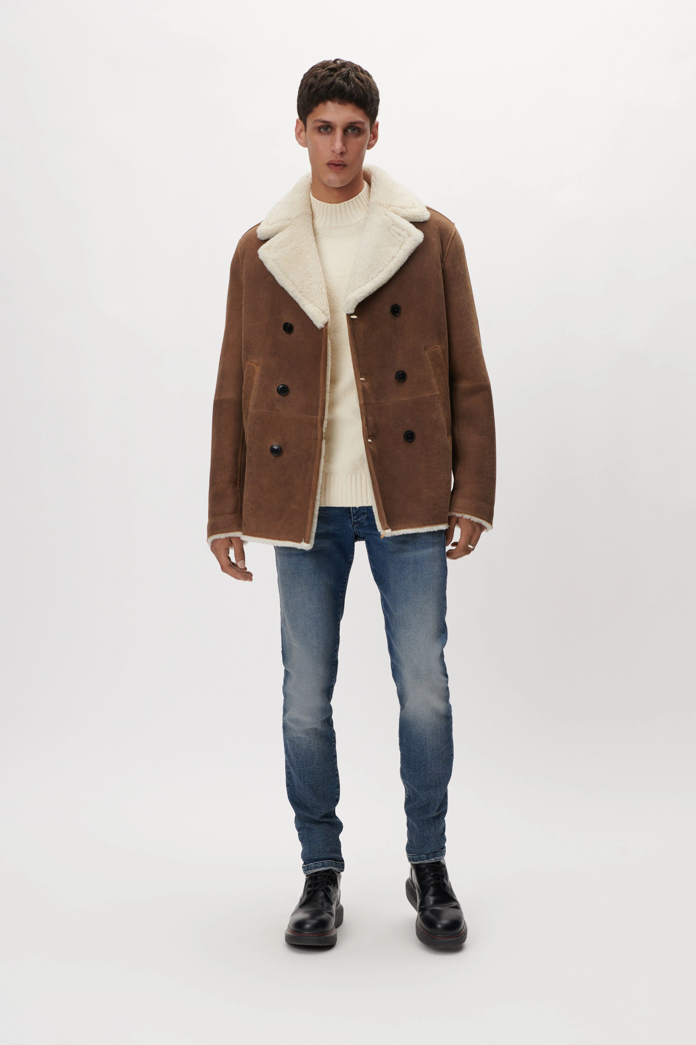 KONNO - Lammfell Lederjacke - Herren - braun - Ganzkörper-Frontansicht