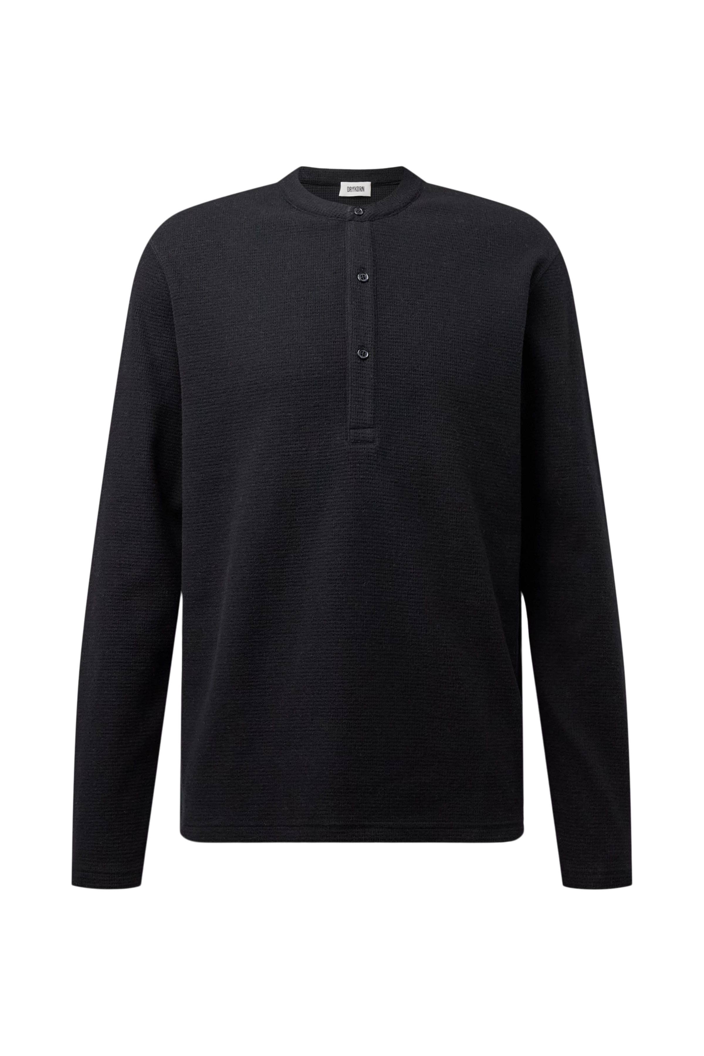 MALIOR - Henley long sleeve with waffle texture - men - black - Freisteller Frontansicht