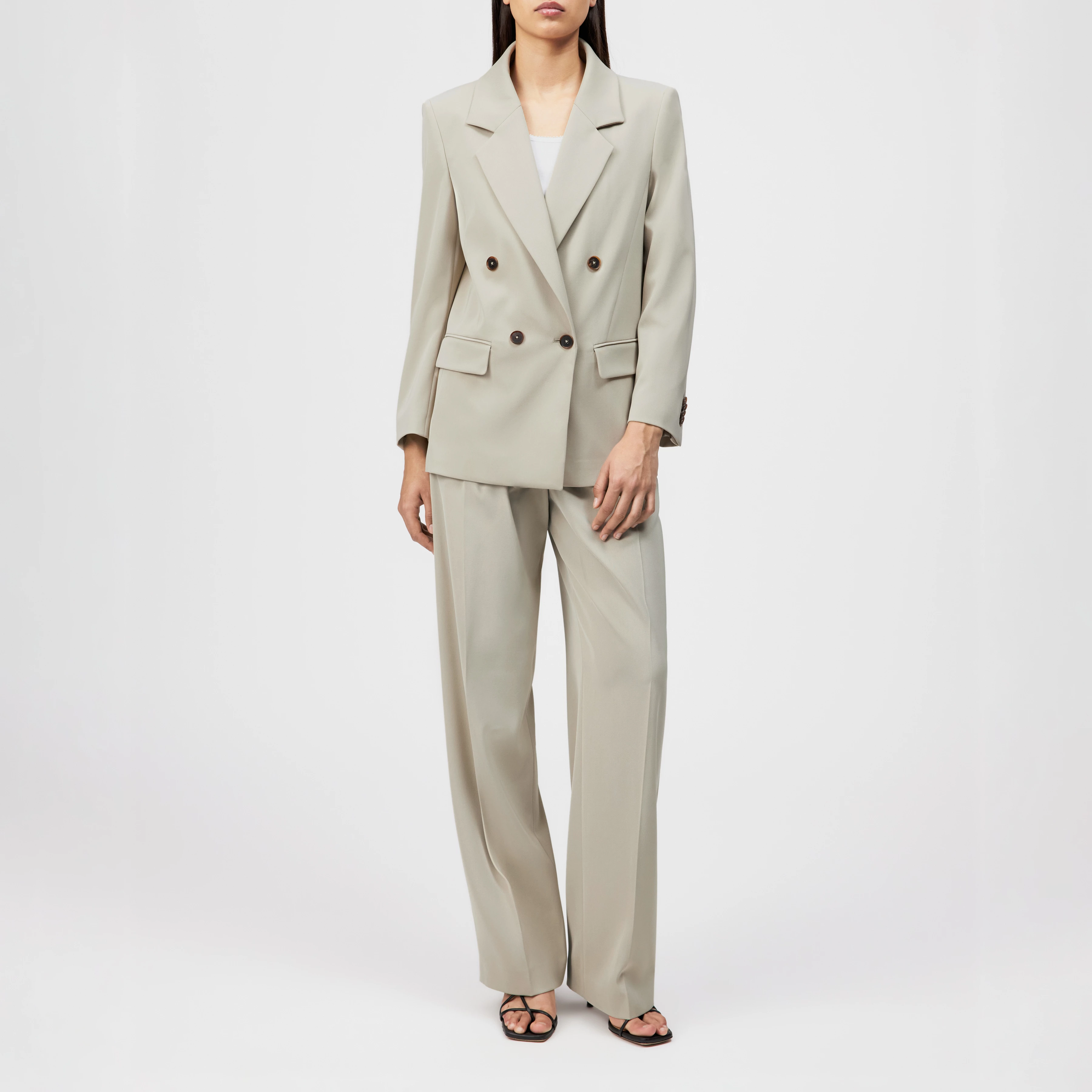 HADLOW - Double-breasted twill blazer with lapels - women - beige - Ganzkörper-Frontansicht