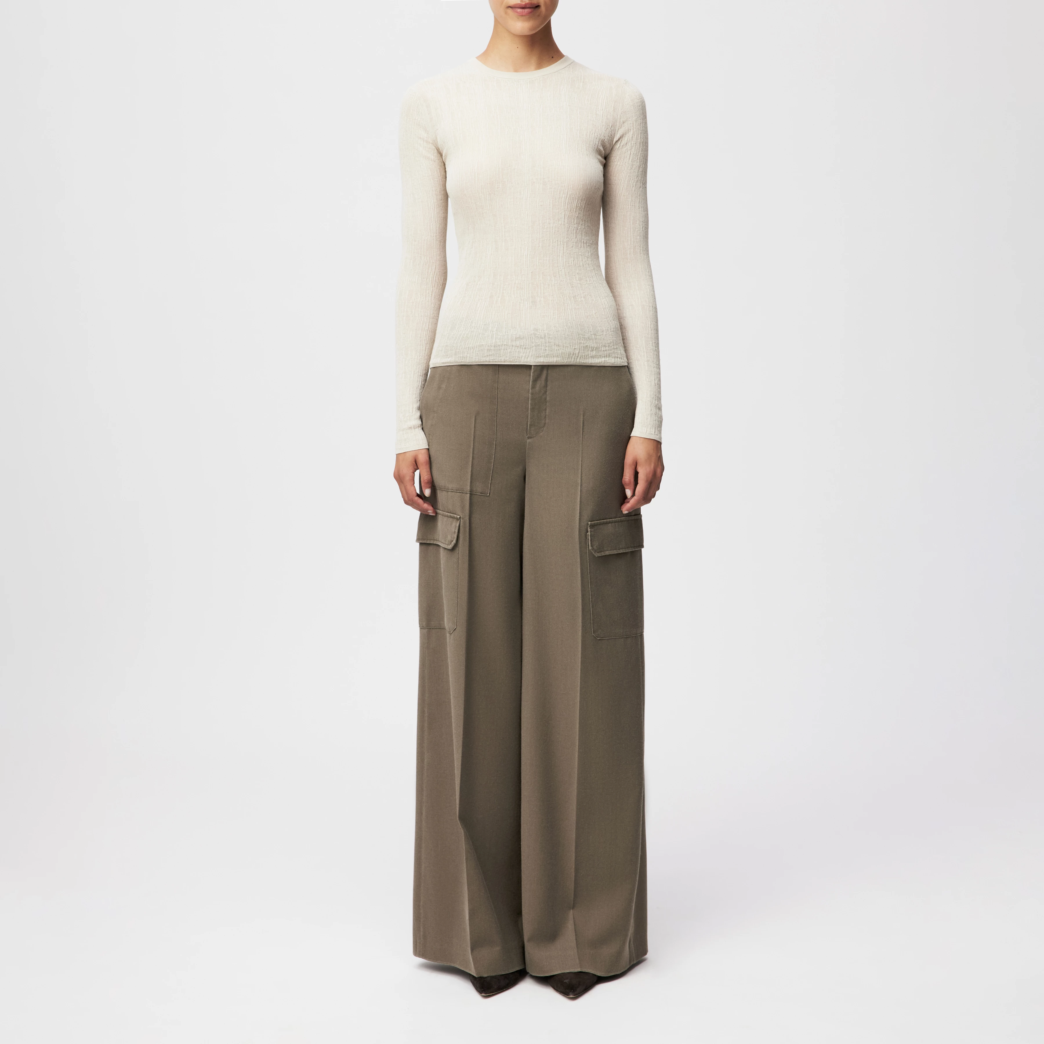 ERMA - Long-sleeved jumper with round neck in mercerised cotton - women - beige - Ganzkörper-Frontansicht