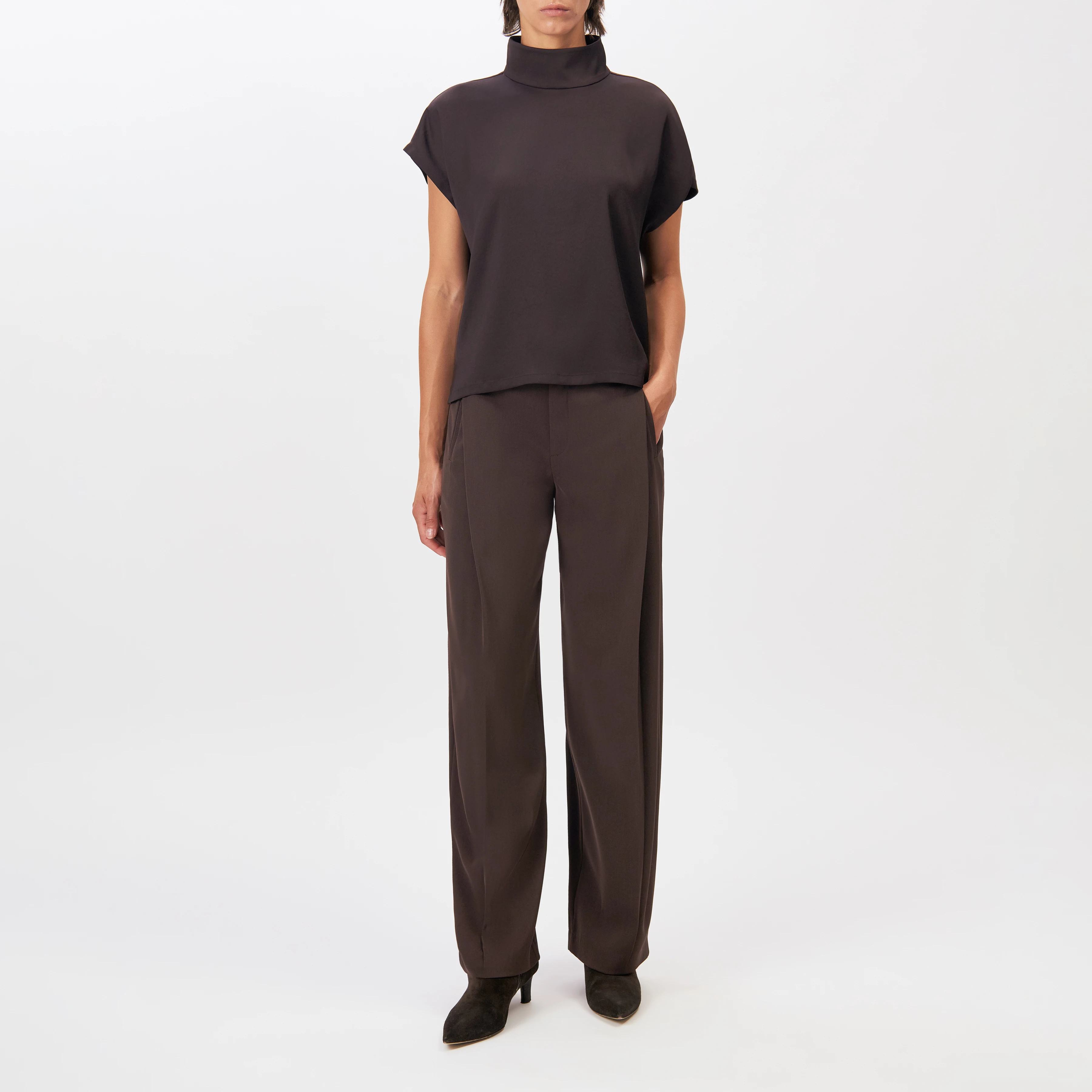 ALARIA_1 - Shirt blouse with stand-up collar in satin - women - brown - Ganzkörper-Frontansicht