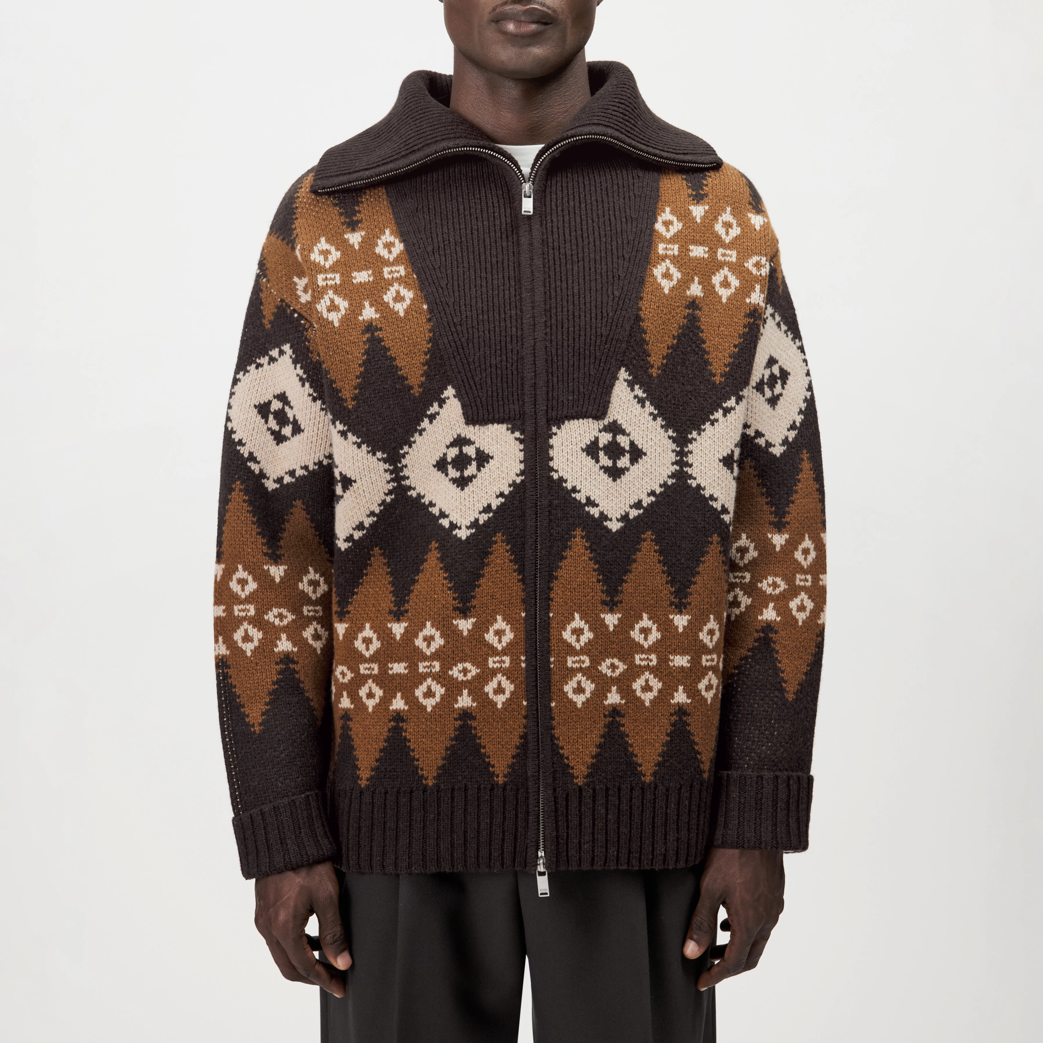 KYELL - Two-Way Zip Pullover in Jacquard Knit - men - brown - Frontansicht