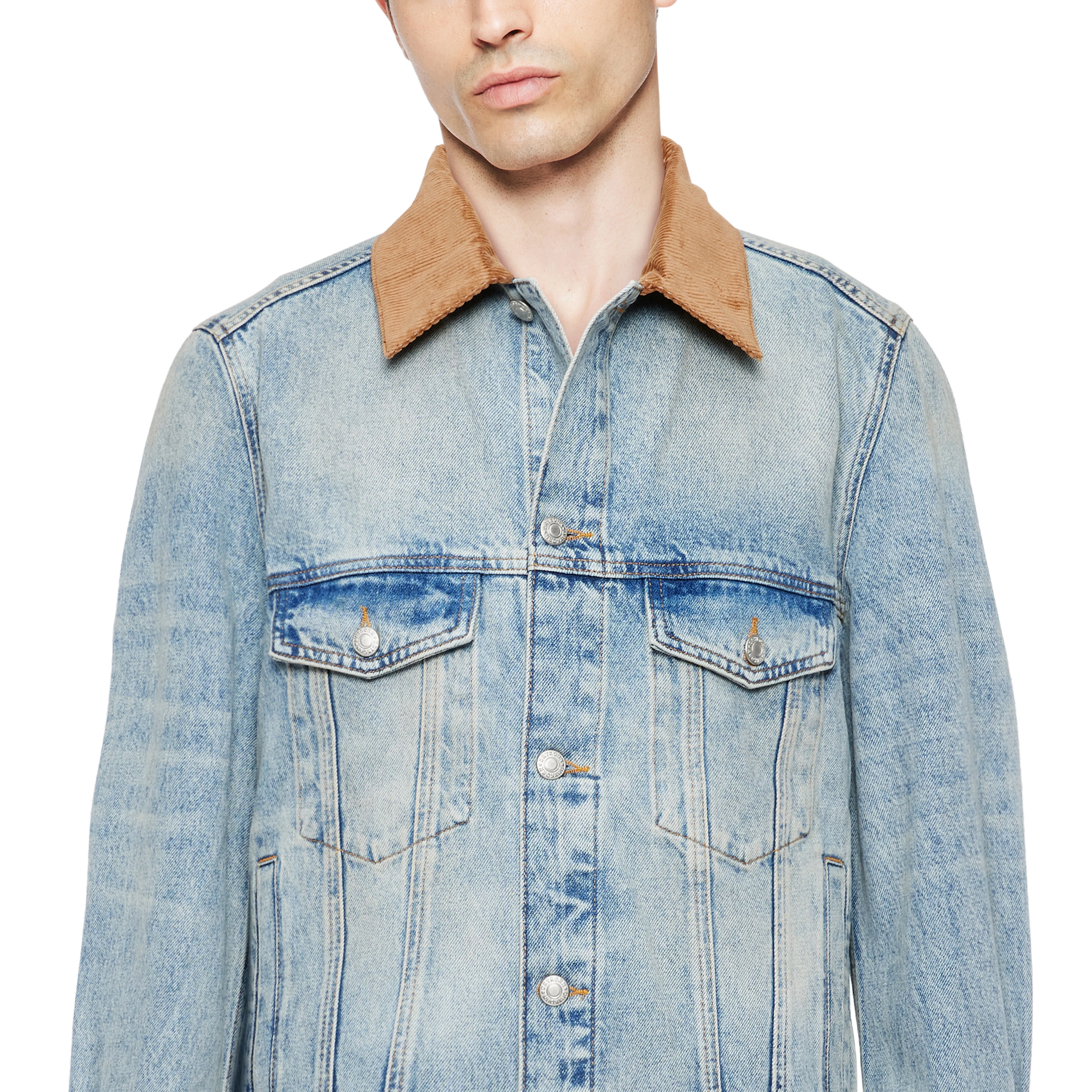 CESCON_K - Truckerjas in authentieke vintage wassing - heren - blauw - Detailansicht am Model