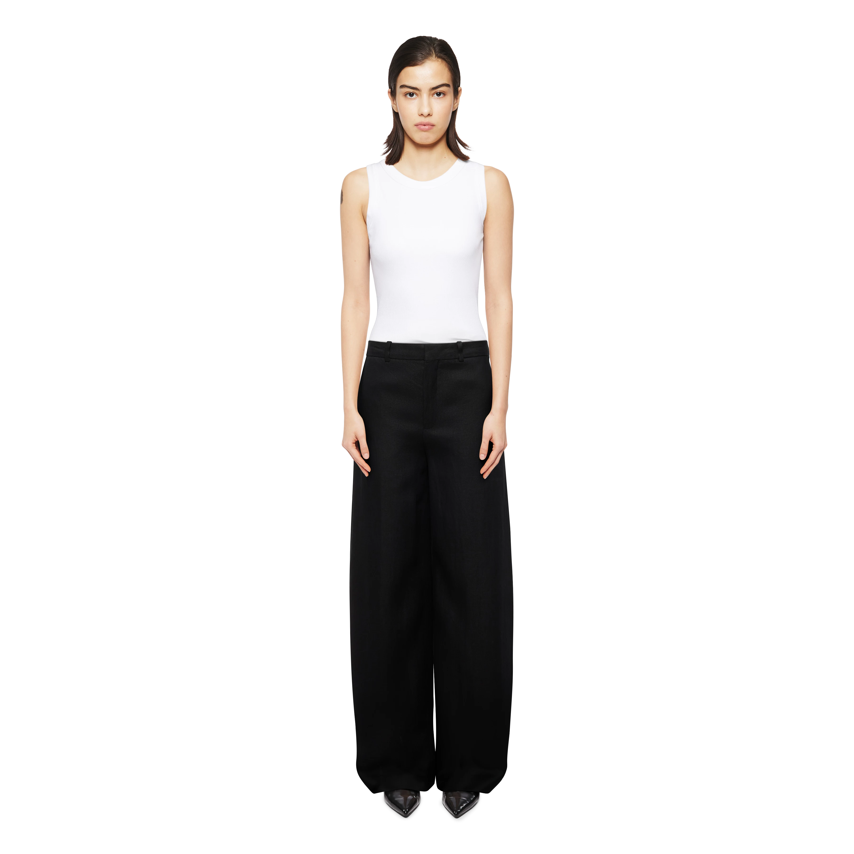 DESK - Hose mit Barrel-Leg in Leinen-Twill - Damen - schwarz - Ganzkörper-Frontansicht