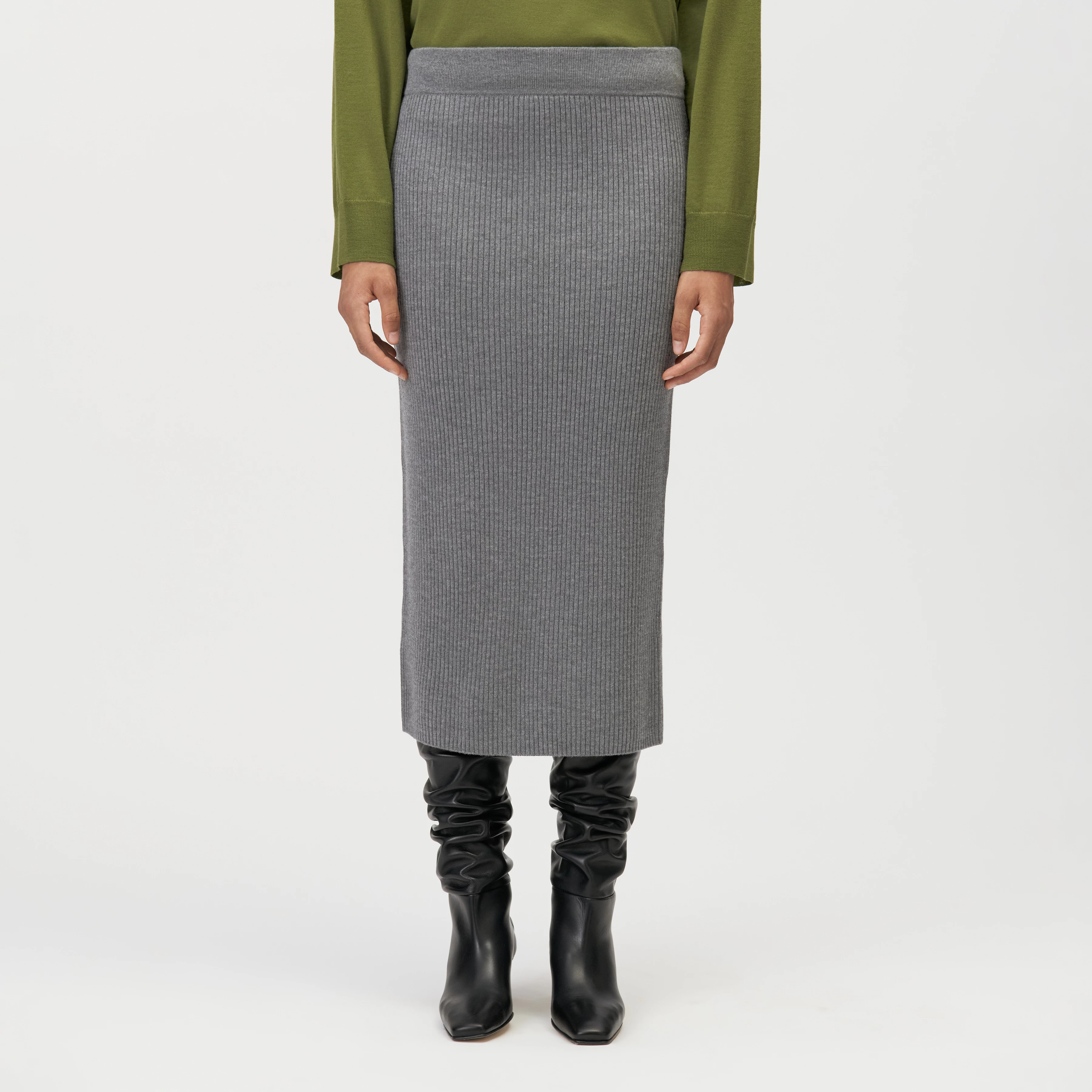 LUDIMI - Jupe crayon fendue en 100% laine mérinos - women - gris - Frontansicht