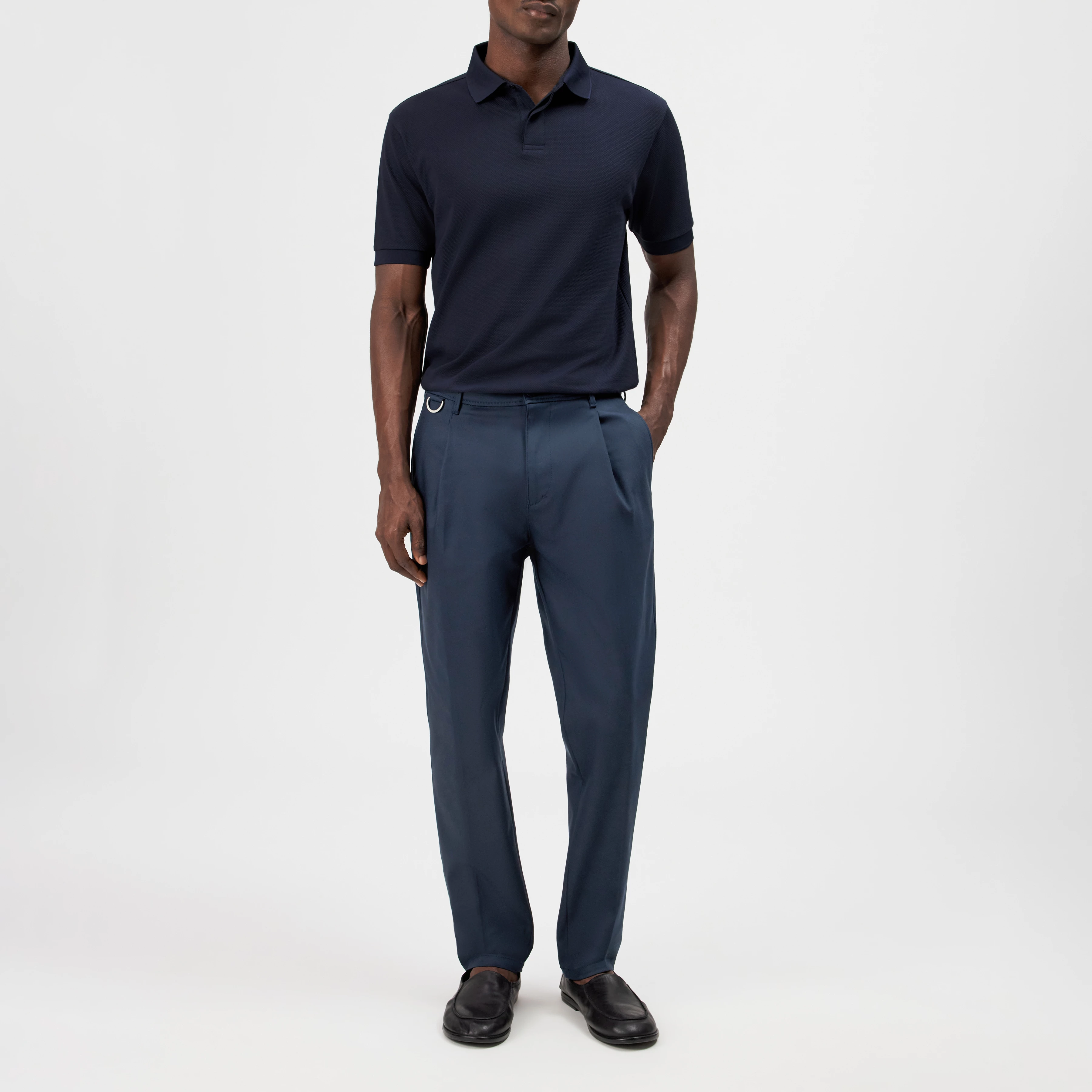 DEVYN - Trousers with D-ring detail in techno stretch satin - men - blue - Ganzkörper-Frontansicht