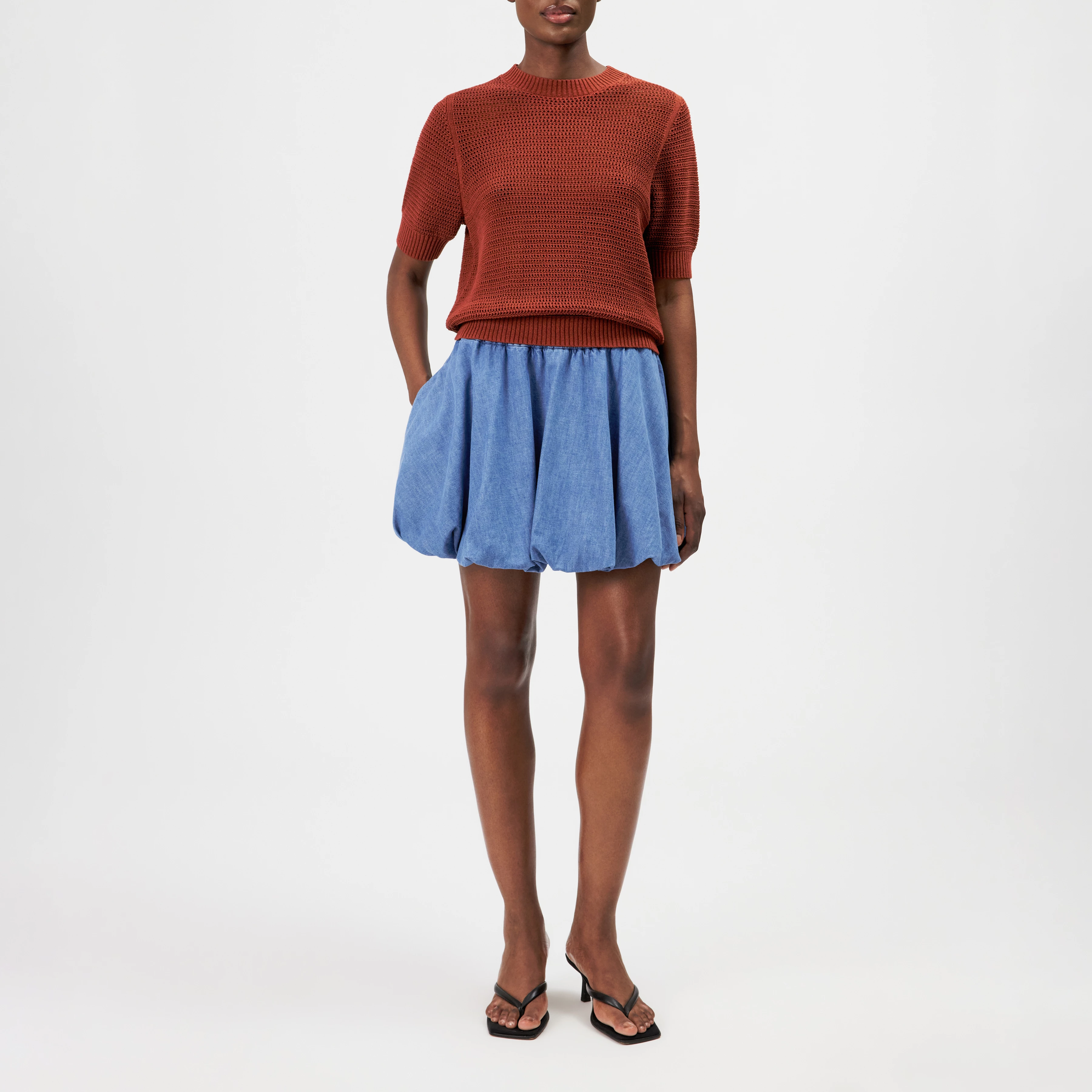 SANIDY - Chunky knit short sleeve in cotton blend - women - red - Ganzkörper-Frontansicht