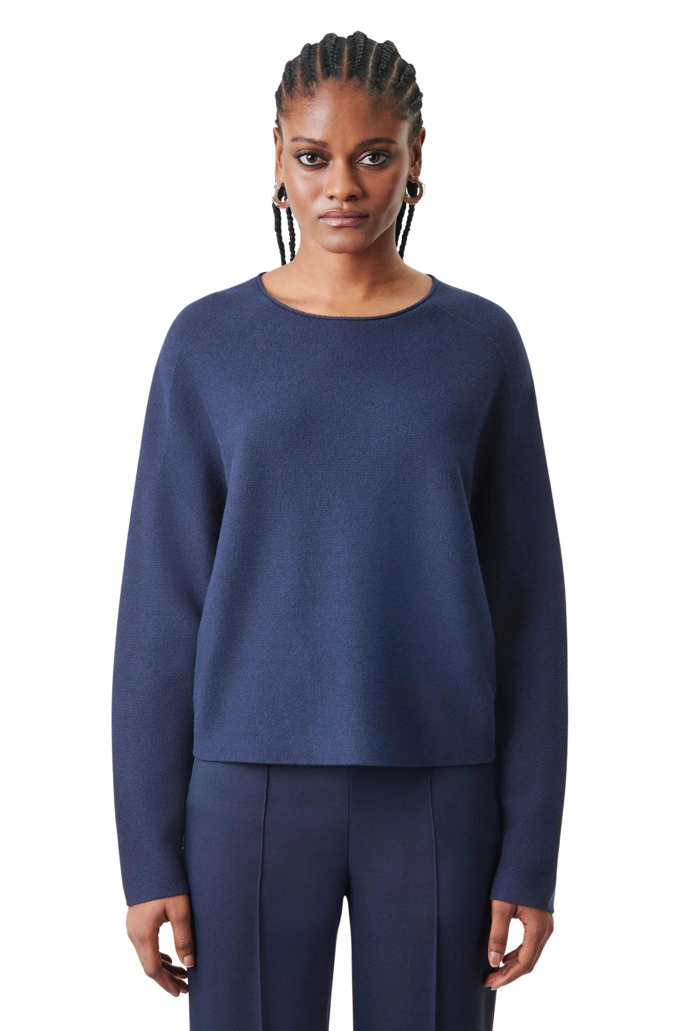 MEAMI - Vekürzter Egg-Shape Pullover in Baumwoll-Kaschmir - Damen - blau - Frontansicht