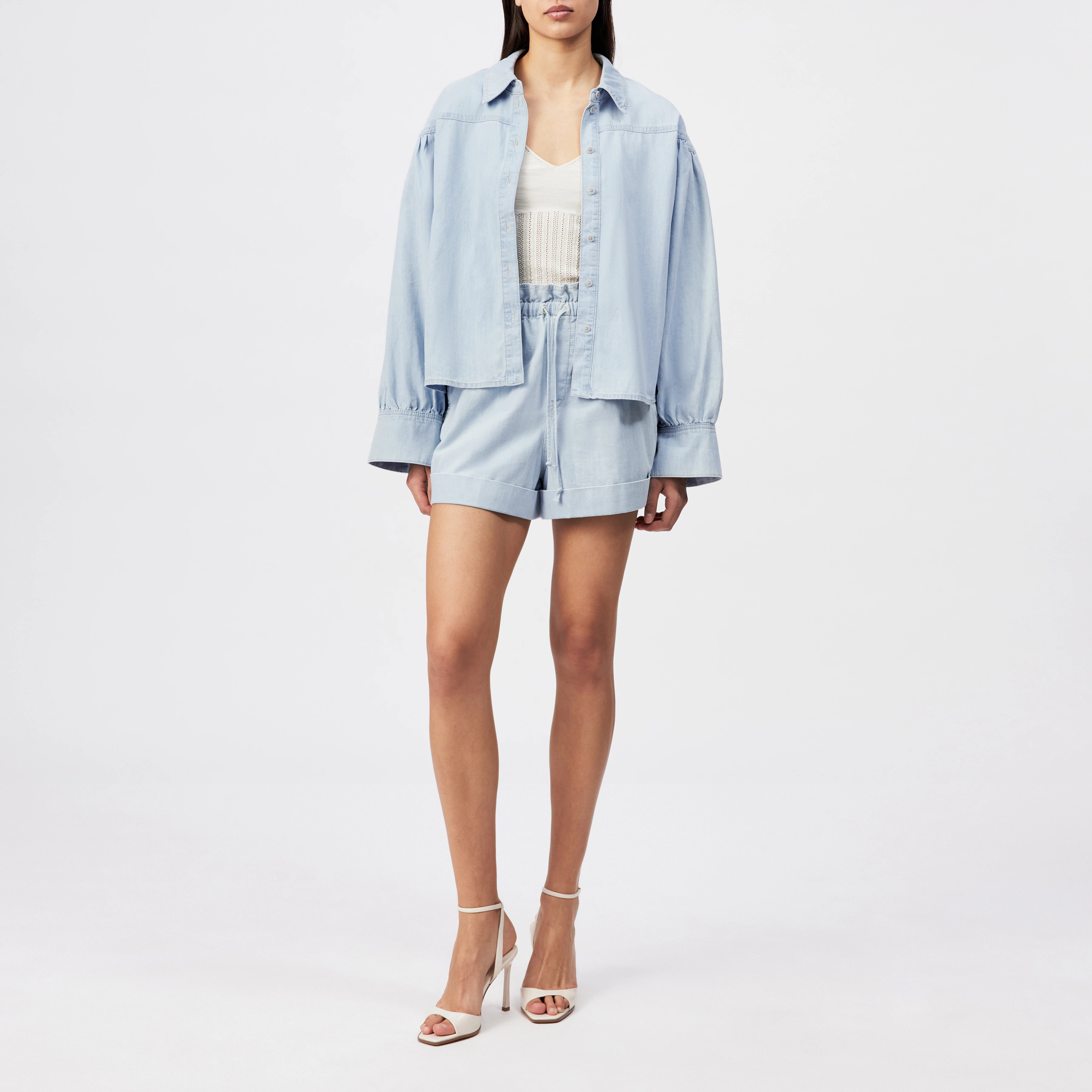 SELENI - Hemdbluse in reiner Baumwolle - Damen - blau - Ganzkörper-Frontansicht