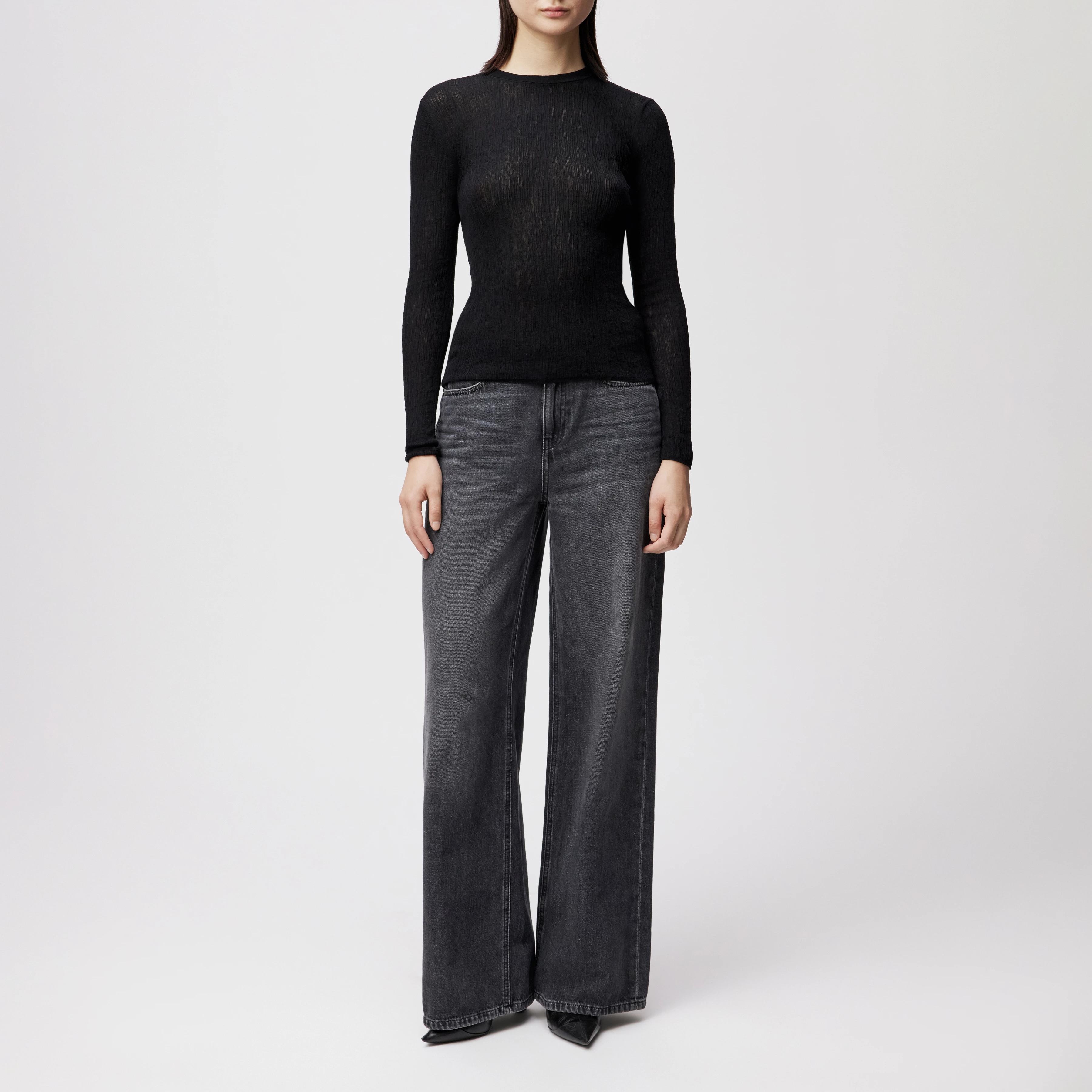 ERMA - Long-sleeved jumper with round neck in mercerised cotton - women - Natural Aluminium - Ganzkörper-Frontansicht