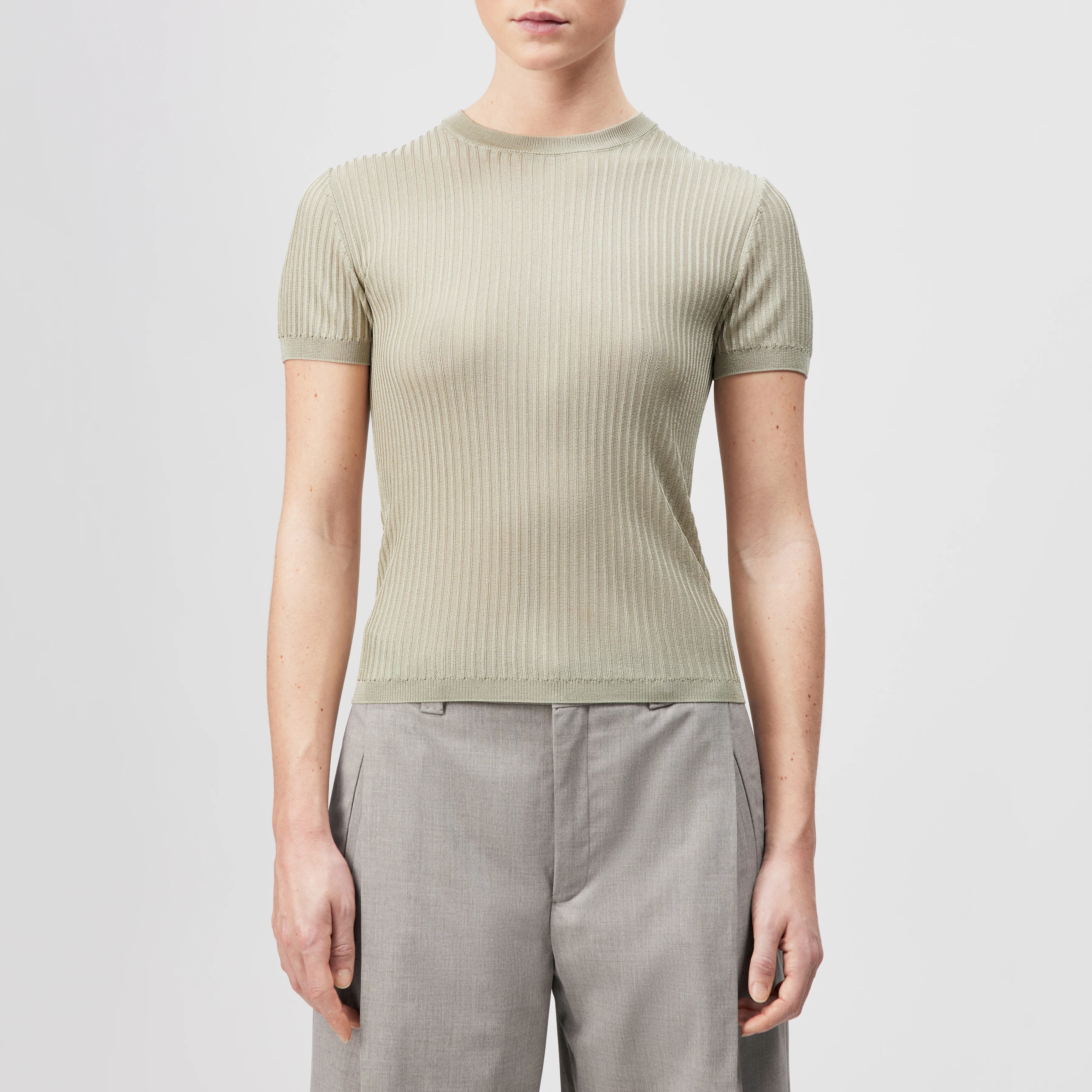 MOGLINI_2 - Crew Neck Knit T-Shirt with Ribbed Texture - women - beige - Frontansicht