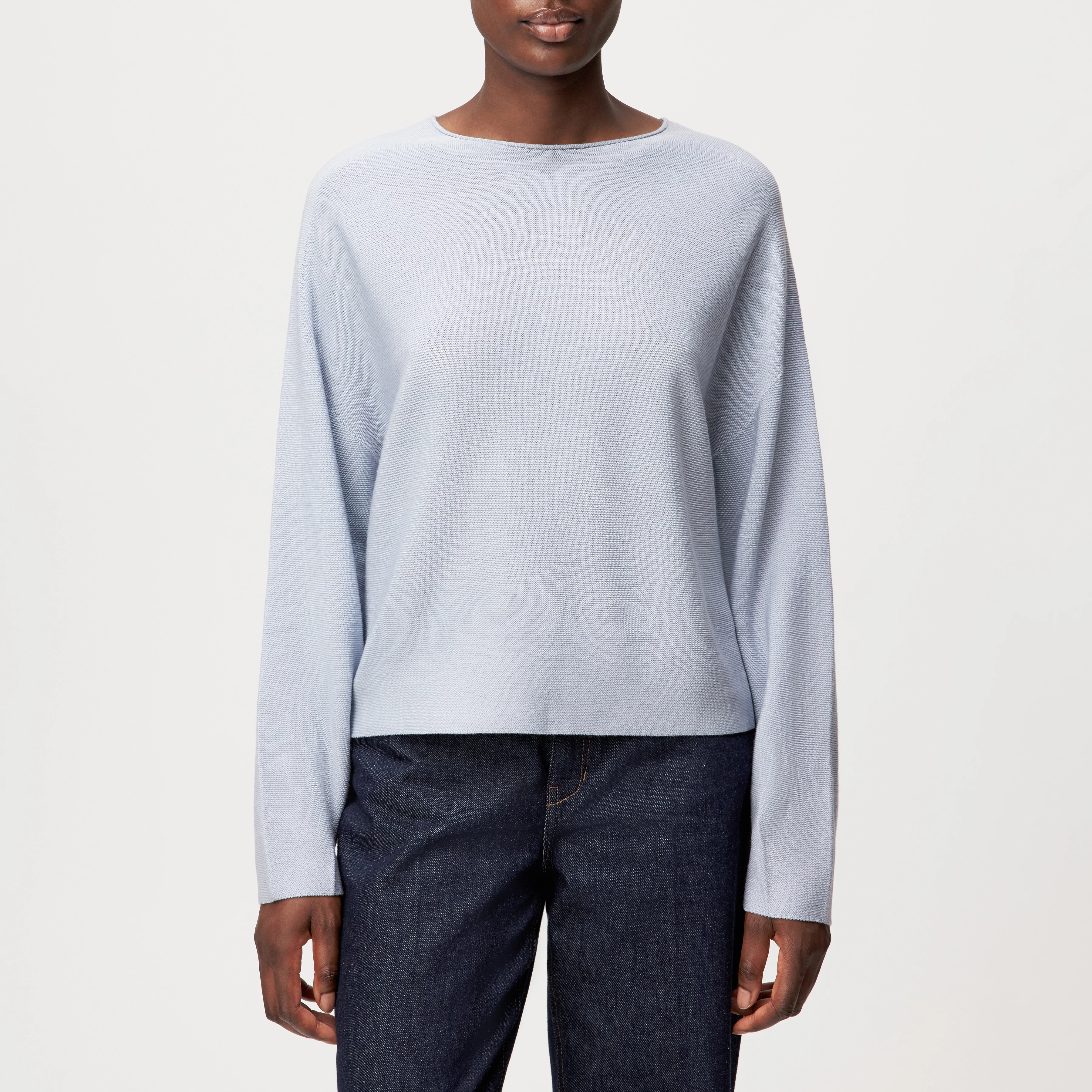 MEAMI - Verkorte Egg-Shape trui in 100% merinowol - dames - blauw - Frontansicht