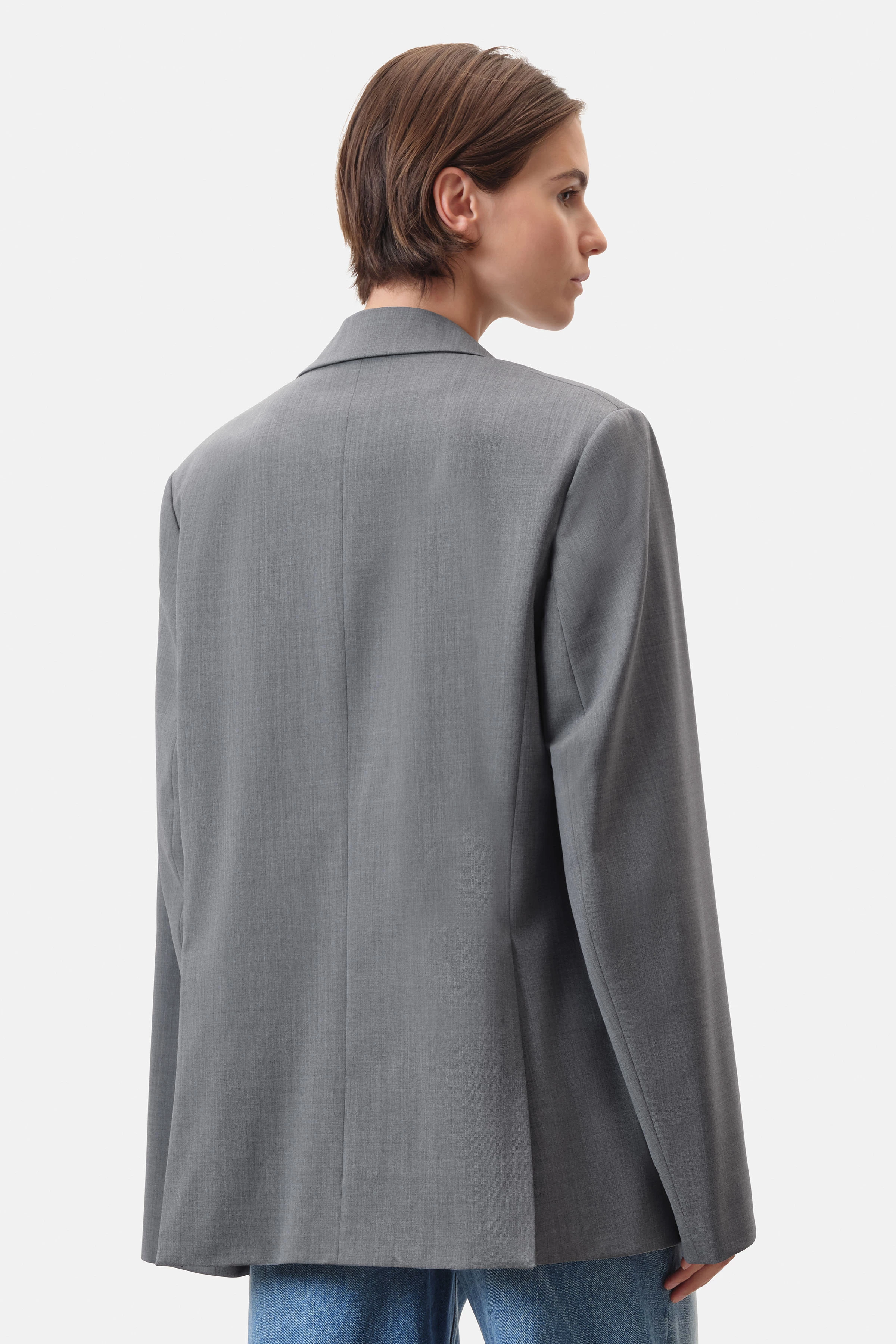 IDBURY - Verschlussloser Boyfriend-Blazer in Wollserge - Damen - grau - Rückansicht