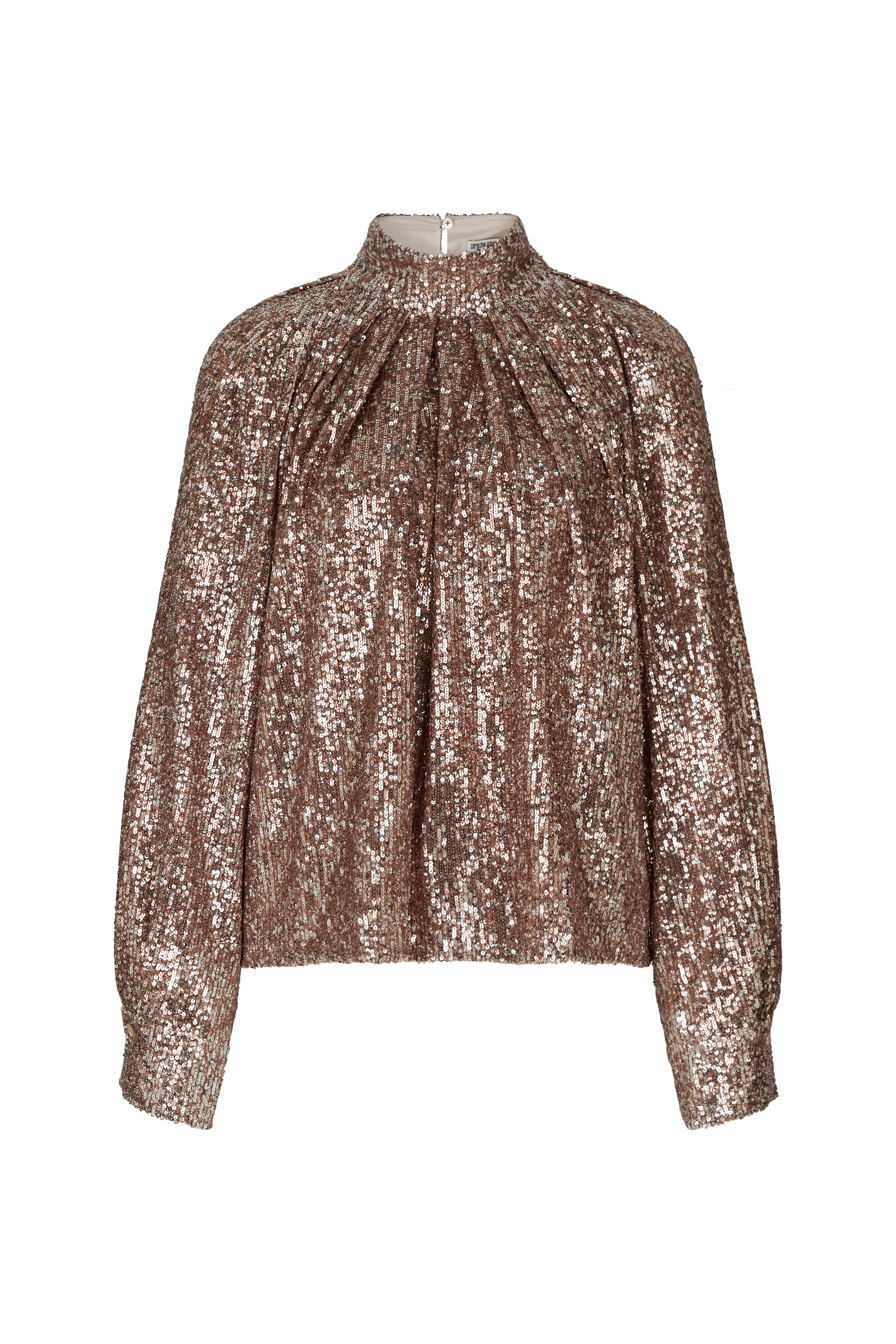 DRUNA - Bluse mit Stehkragen in bedruckter Paillette - Damen - braun - Freisteller Frontansicht