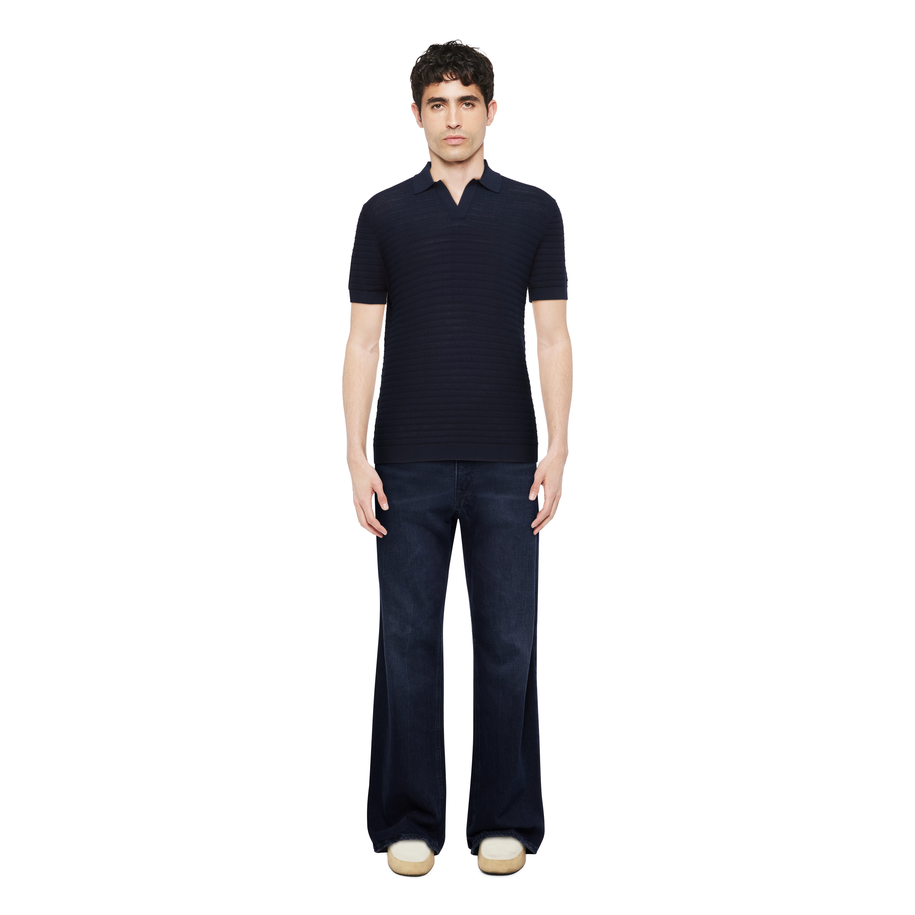 BRAIAN - Gebreide polo in gemerceriseerd katoen - heren - blauw - Ganzkörper-Frontansicht