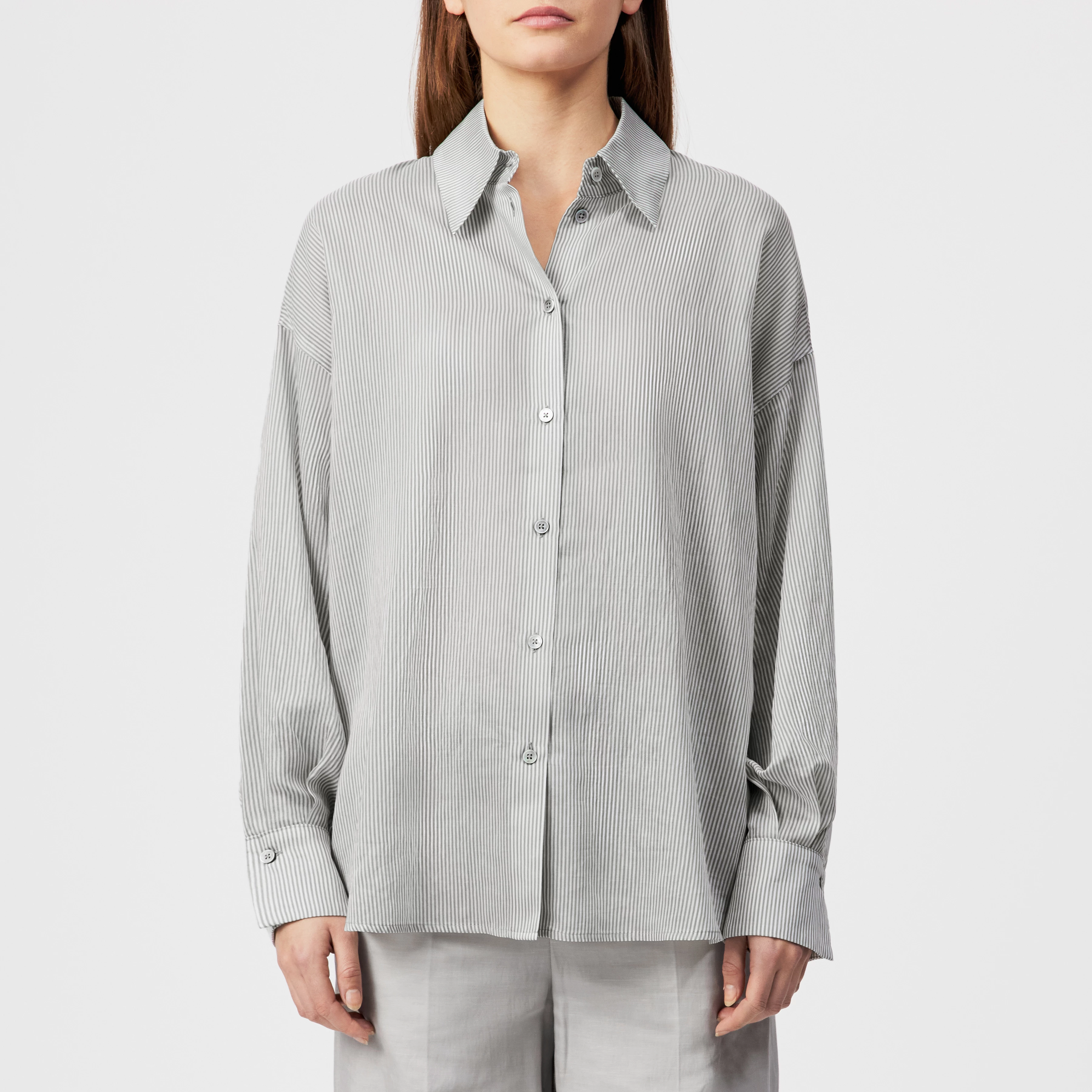 LYNDARA - Casual shirt blouse, quality stripe design. - women - beige - Frontansicht